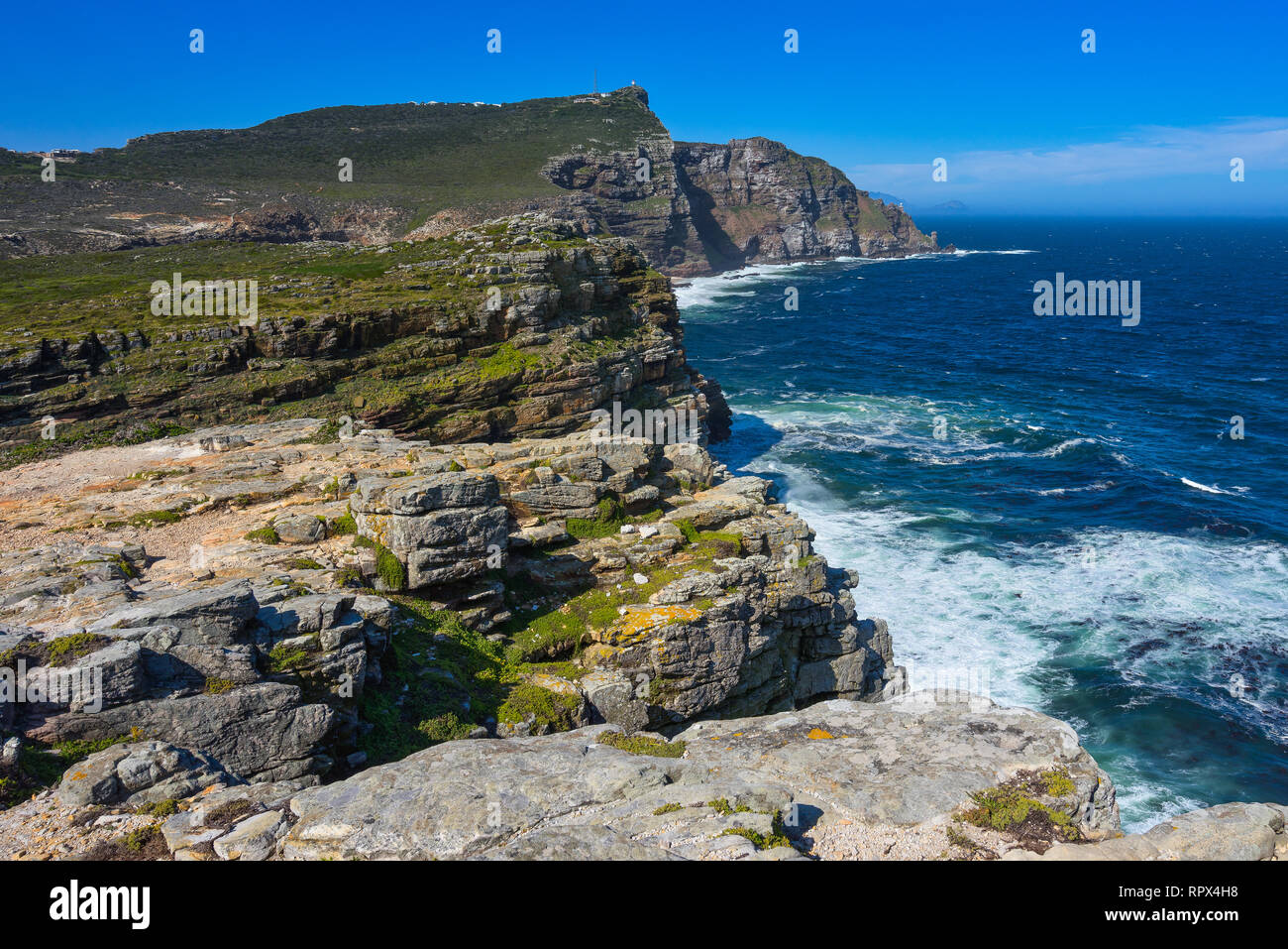 Vista di Cape Point e Cape Maclear dal Capo di Buona Speranza, Penisola del Capo vicino a Città del Capo, Western Cape, Sud Africa Foto Stock