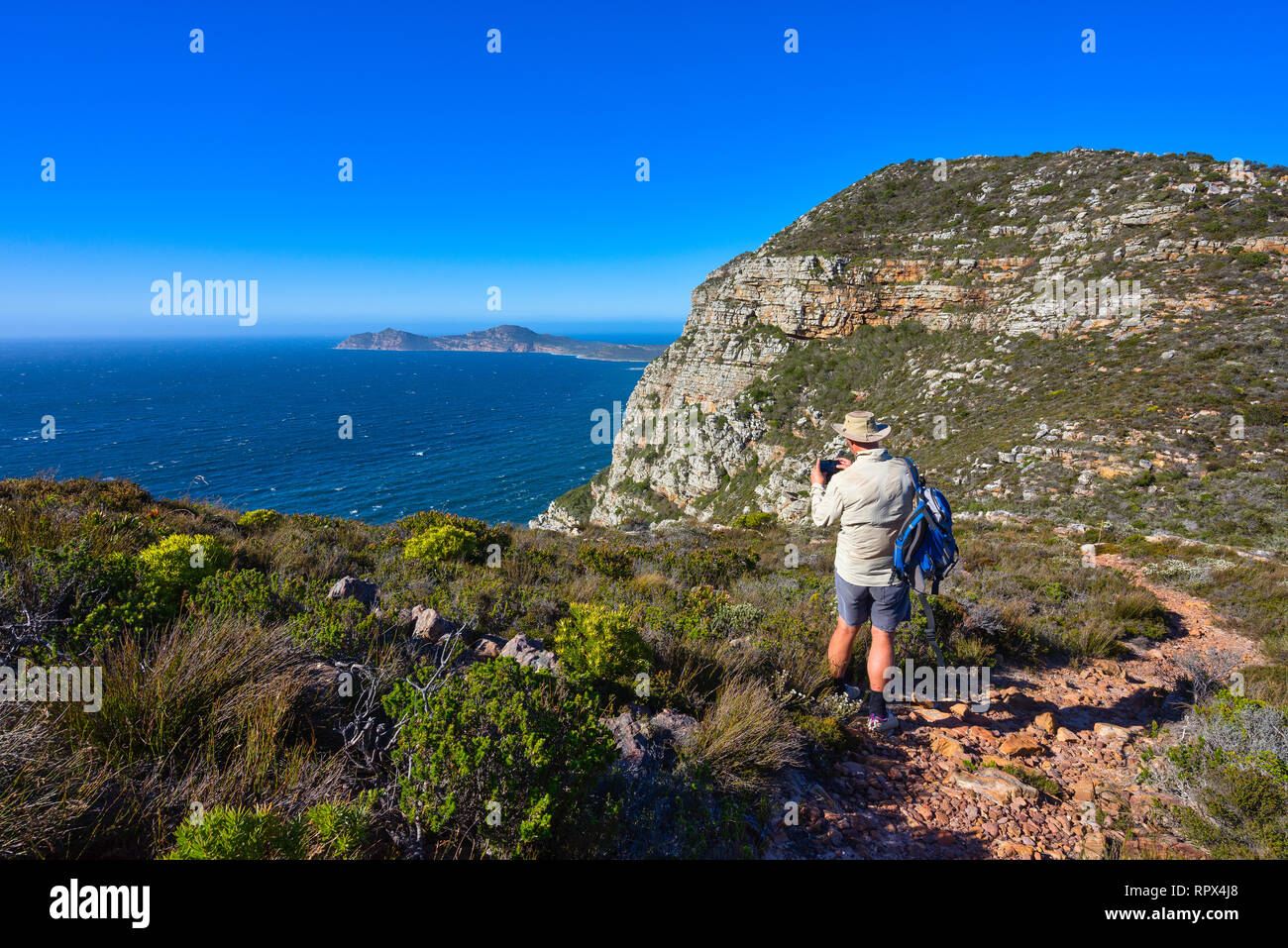 Escursionista in piedi sul Capo di Buona Speranza Sentiero escursionistico di scattare una foto, Western Cape, Sud Africa Foto Stock