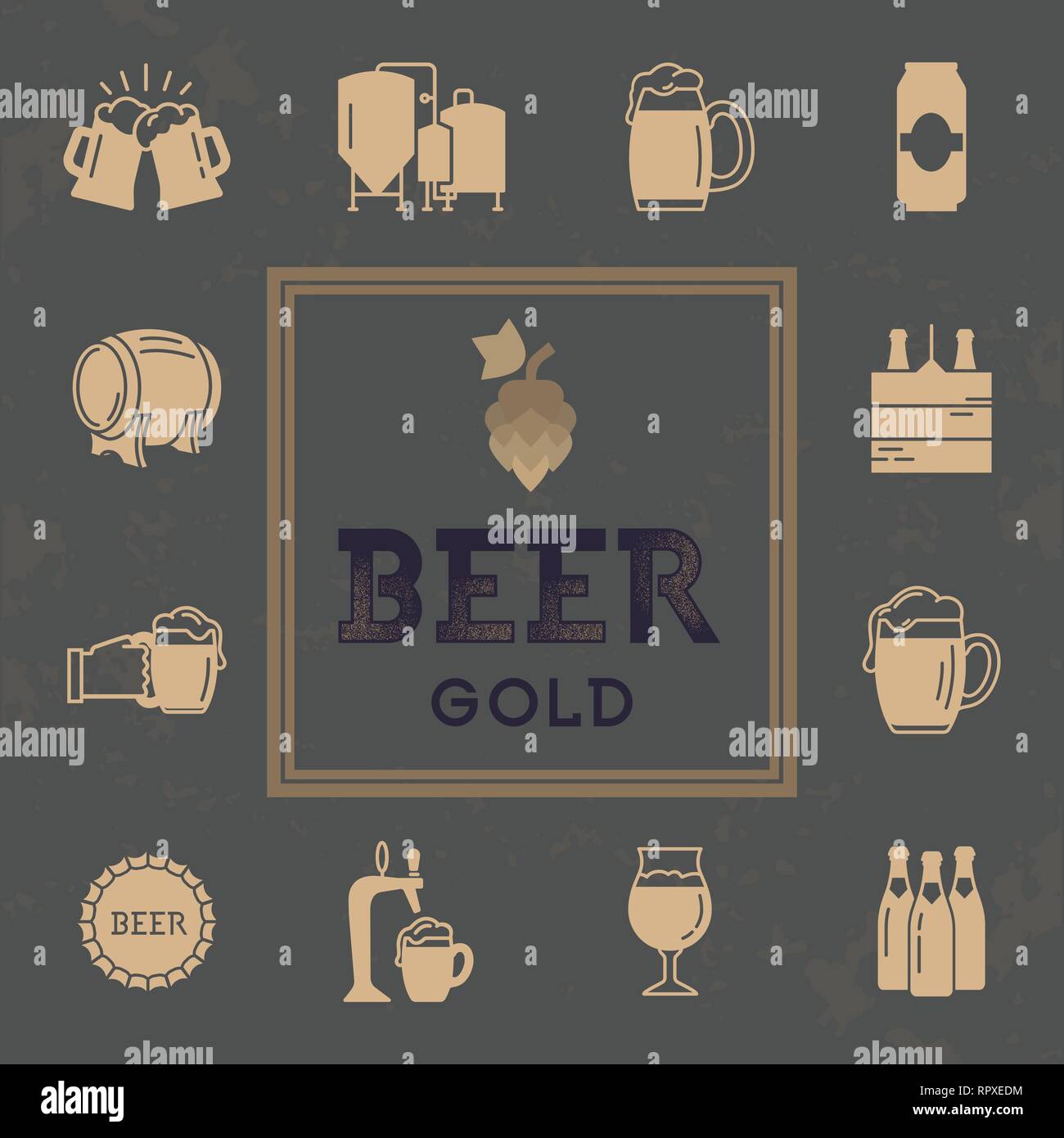 Set di icone di birra in stile retrò. Logo per bar, pub, Birra artigianale Brewery. Illustrazione Vettoriale