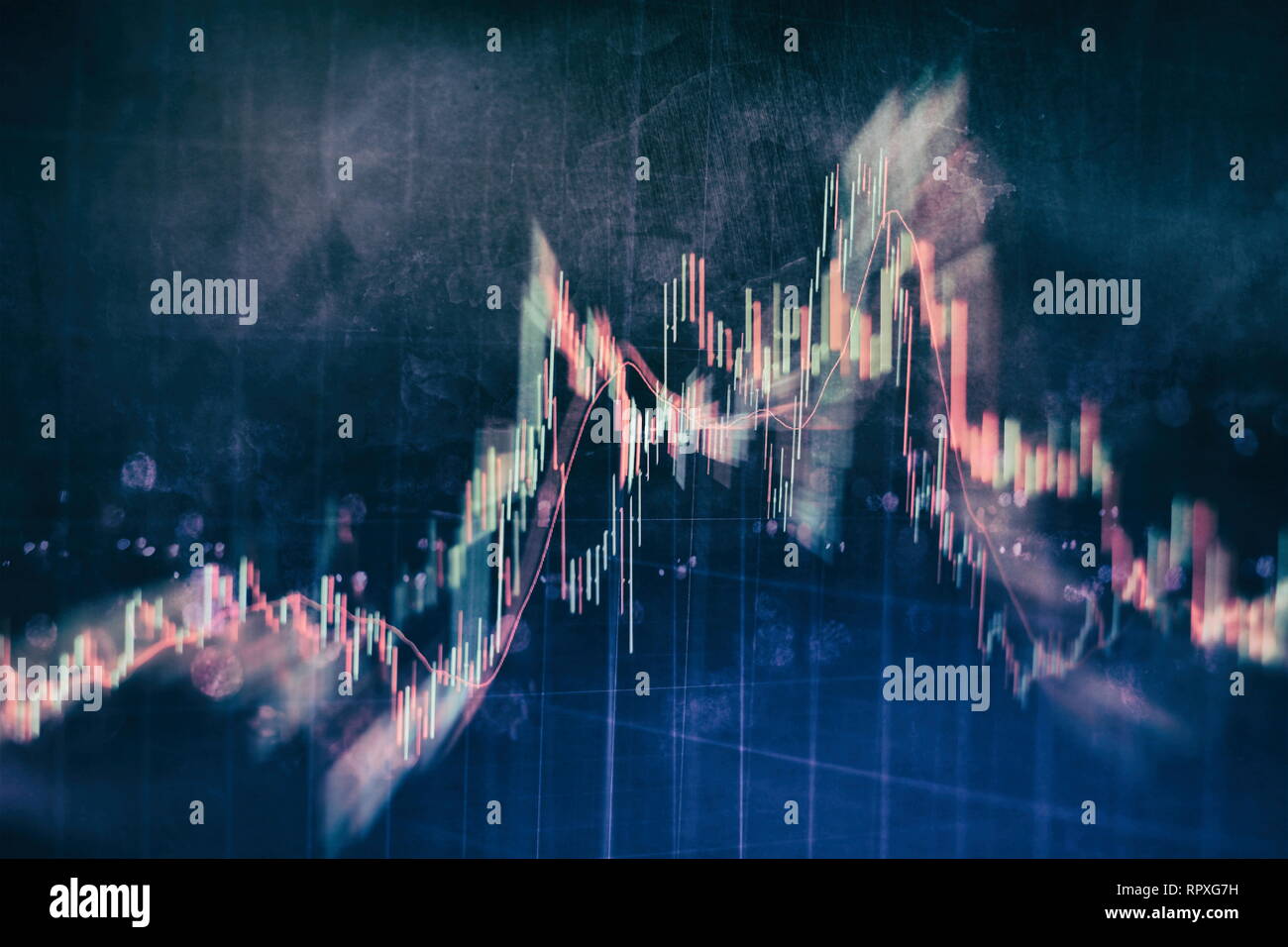 Candelabro finanziario mappa con grafico a linee e numeri stock sul gradiente blu colore di sfondo Foto Stock