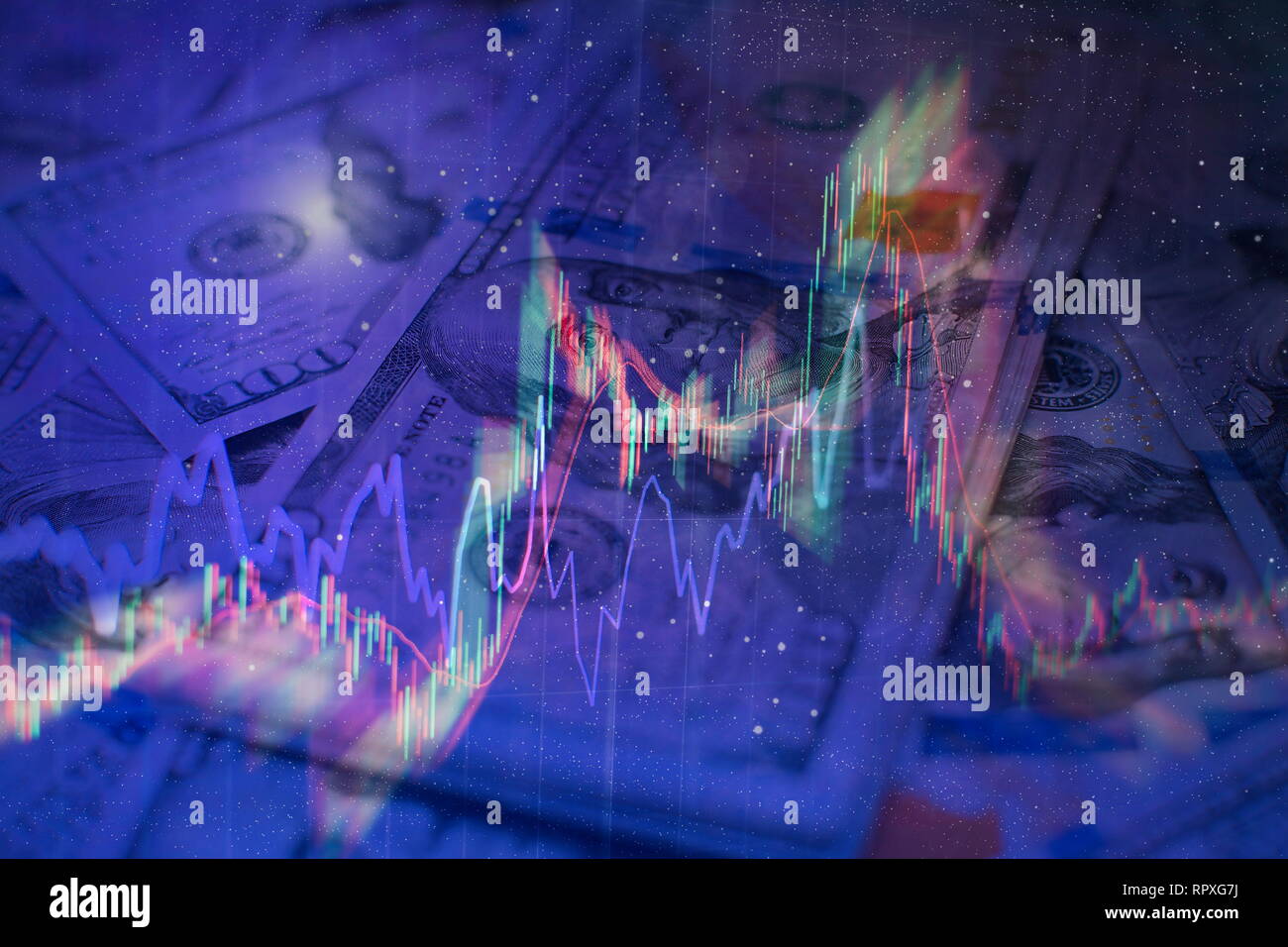 Candelabro finanziario mappa con grafico a linee e numeri stock sul gradiente blu colore di sfondo Foto Stock