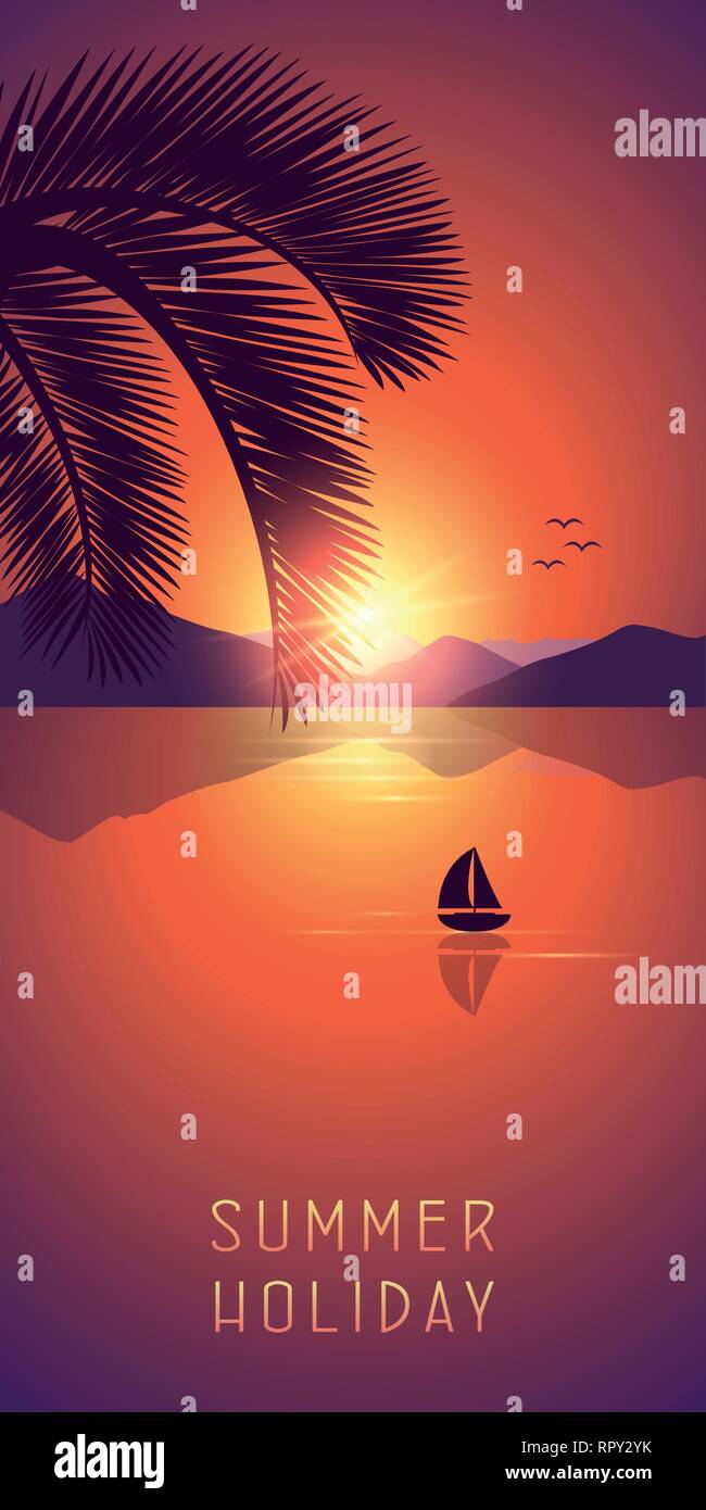 Vacanze estive sul mare con Palm tree foglia e barca a vela al tramonto viola illustrazione vettoriale EPS10 Illustrazione Vettoriale