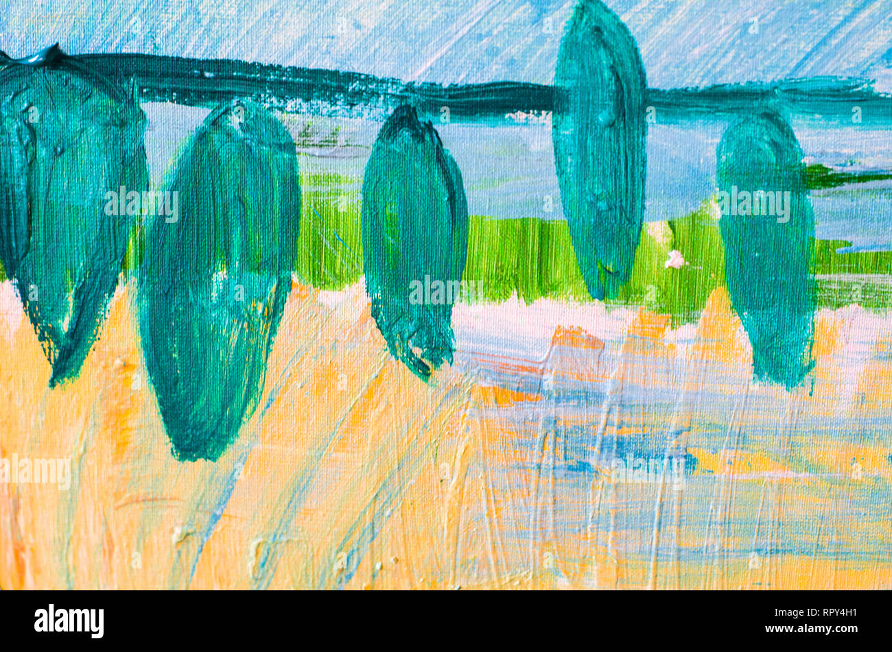 Disegnata a mano di pittura acrilica. L'arte astratta sfondo. Pittura Acrilica su tela di canapa. Colore e struttura. Frammento di opere d'arte. Pennellate di vernice. Foto Stock