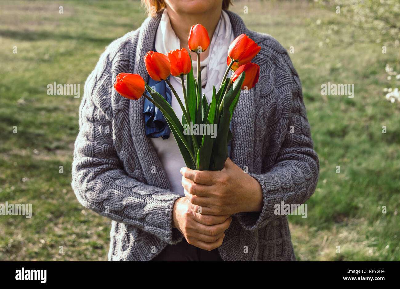 La donna tiene un bouquet di tulipani rossi al di fuori. Presente per la festa della mamma Foto Stock