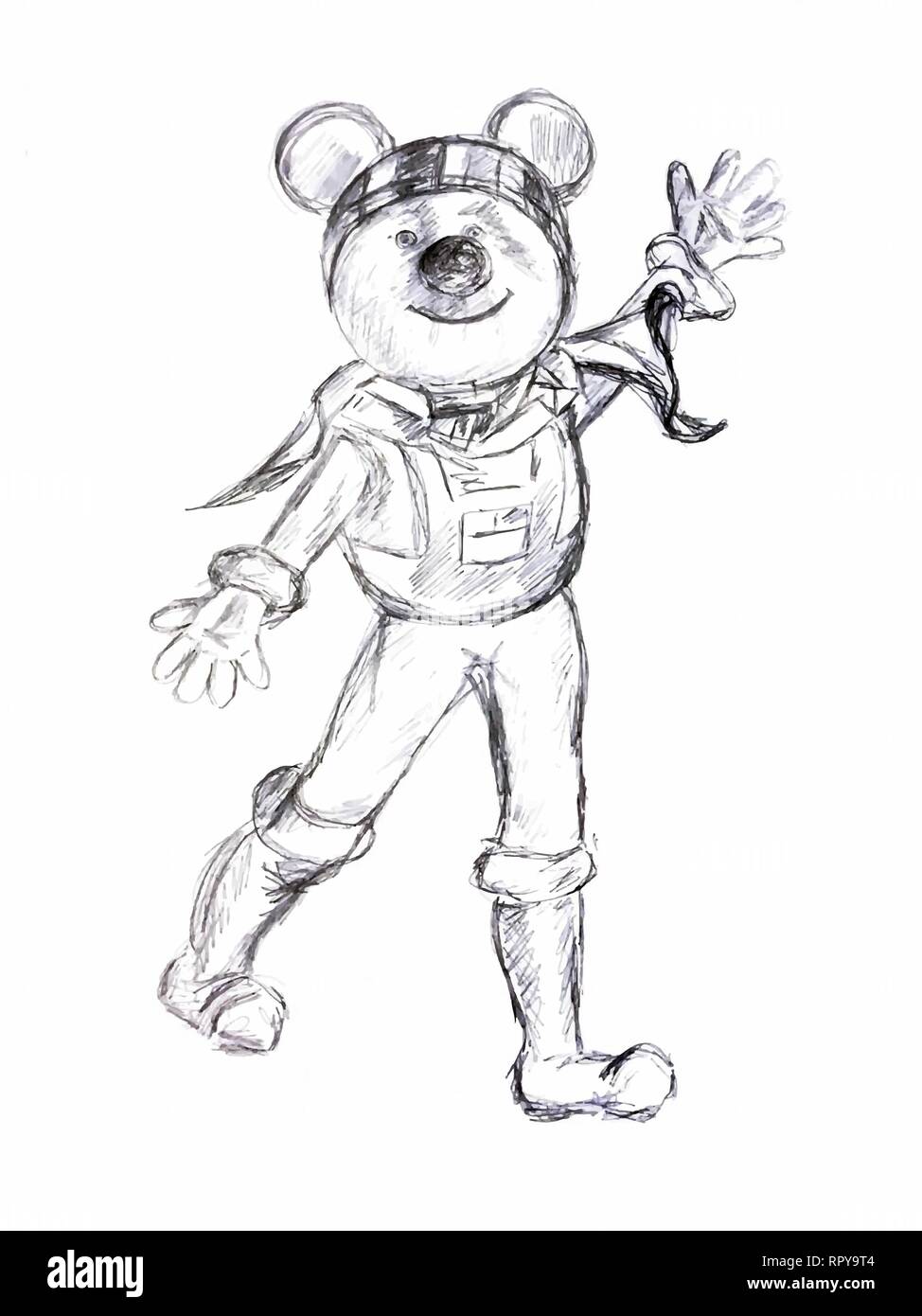 Cartoon alien carattere come un orso con le orecchie grandi e vestito con una tuta spaziale. l'immagine è disegnata con una matita. Illustrazione Vettoriale