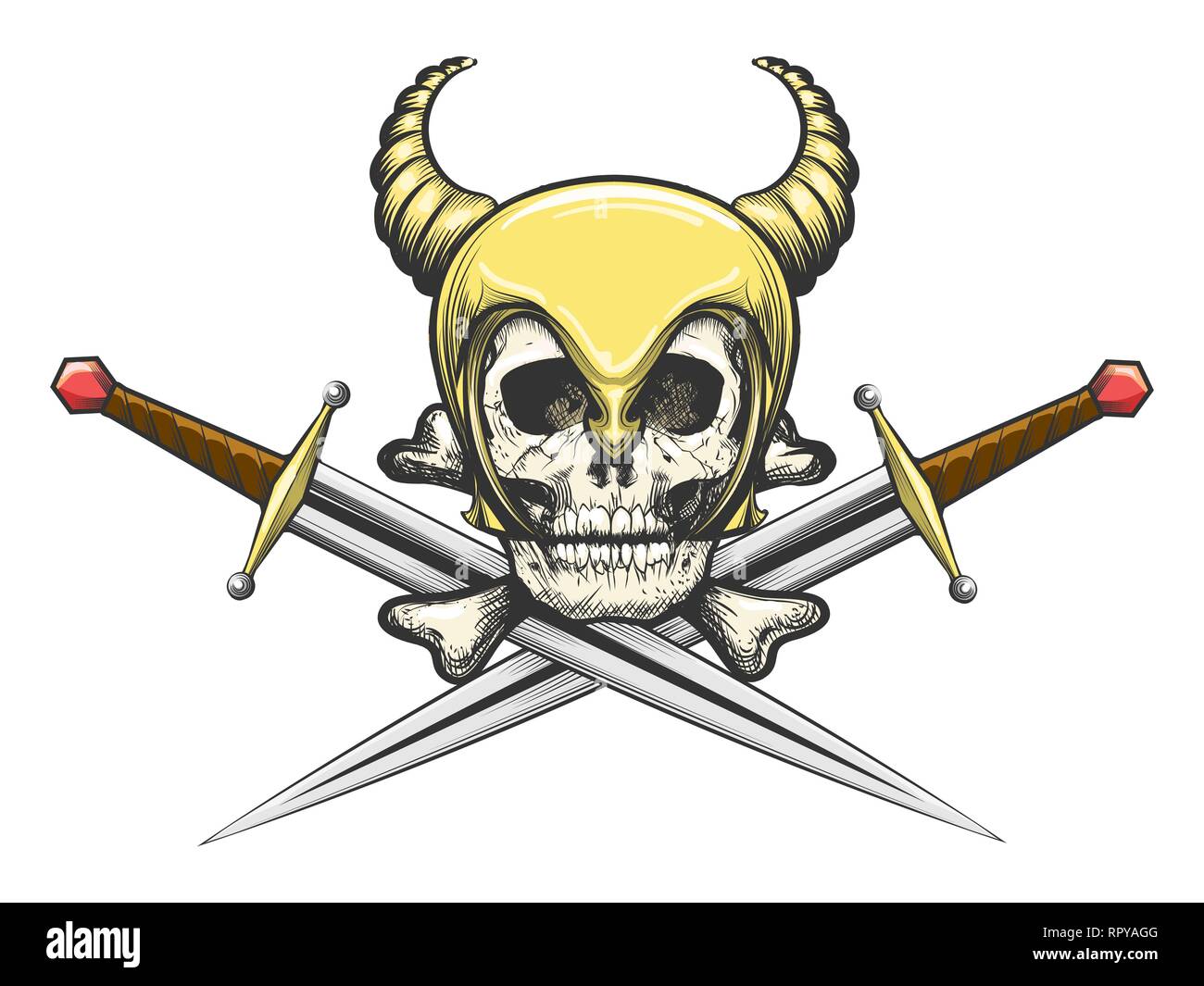 Cranio nel casco cornuta di Viking con le spade incrociate. Illustrazione Vettoriale. Illustrazione Vettoriale