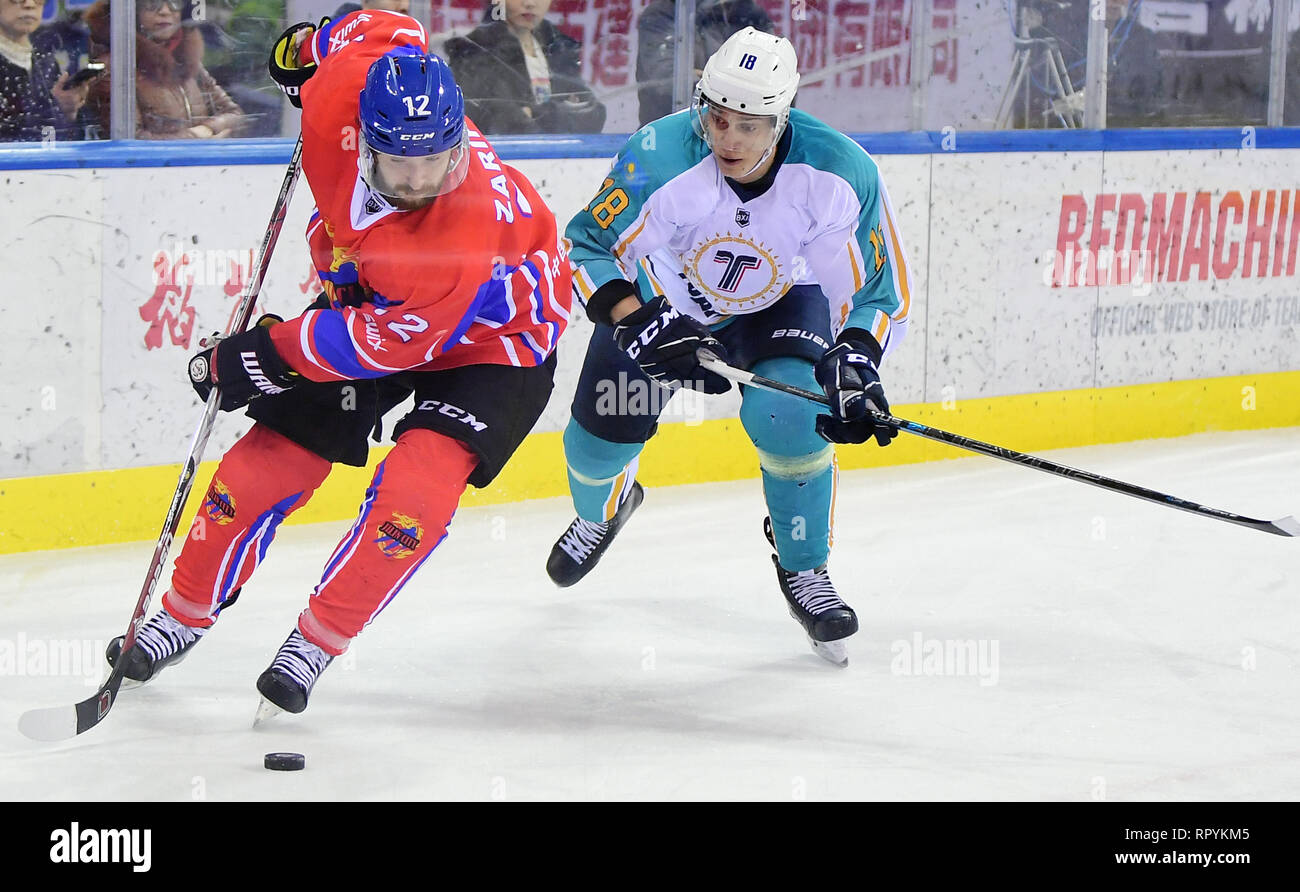 Di Jilin, Cina. Il 23 febbraio, 2019. Tsen Tou's Zaripov Marat (L) compete durante una partita tra Tsen Tou e siluro U-K su Silk Road sommo Hockey League nella città di Jilin del nord-est della Cina di provincia di Jilin, nel febbraio 23, 2019. Credito: Lin Hong/Xinhua/Alamy Live News Foto Stock