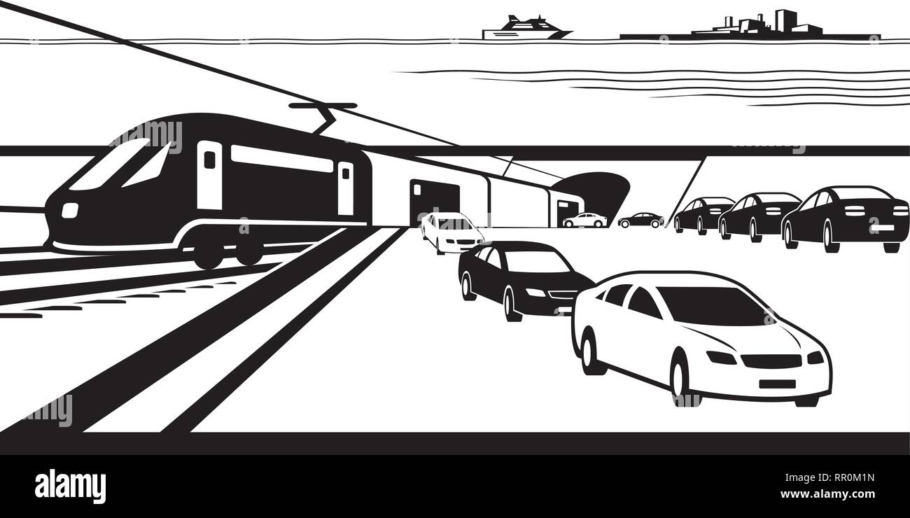 Treno merci porta auto nel tunnel sottomarino - illustrazione vettoriale Illustrazione Vettoriale