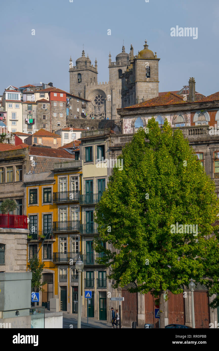 Gli edifici colorati di Porto e il verde degli alberi in una giornata di sole. Foto Stock