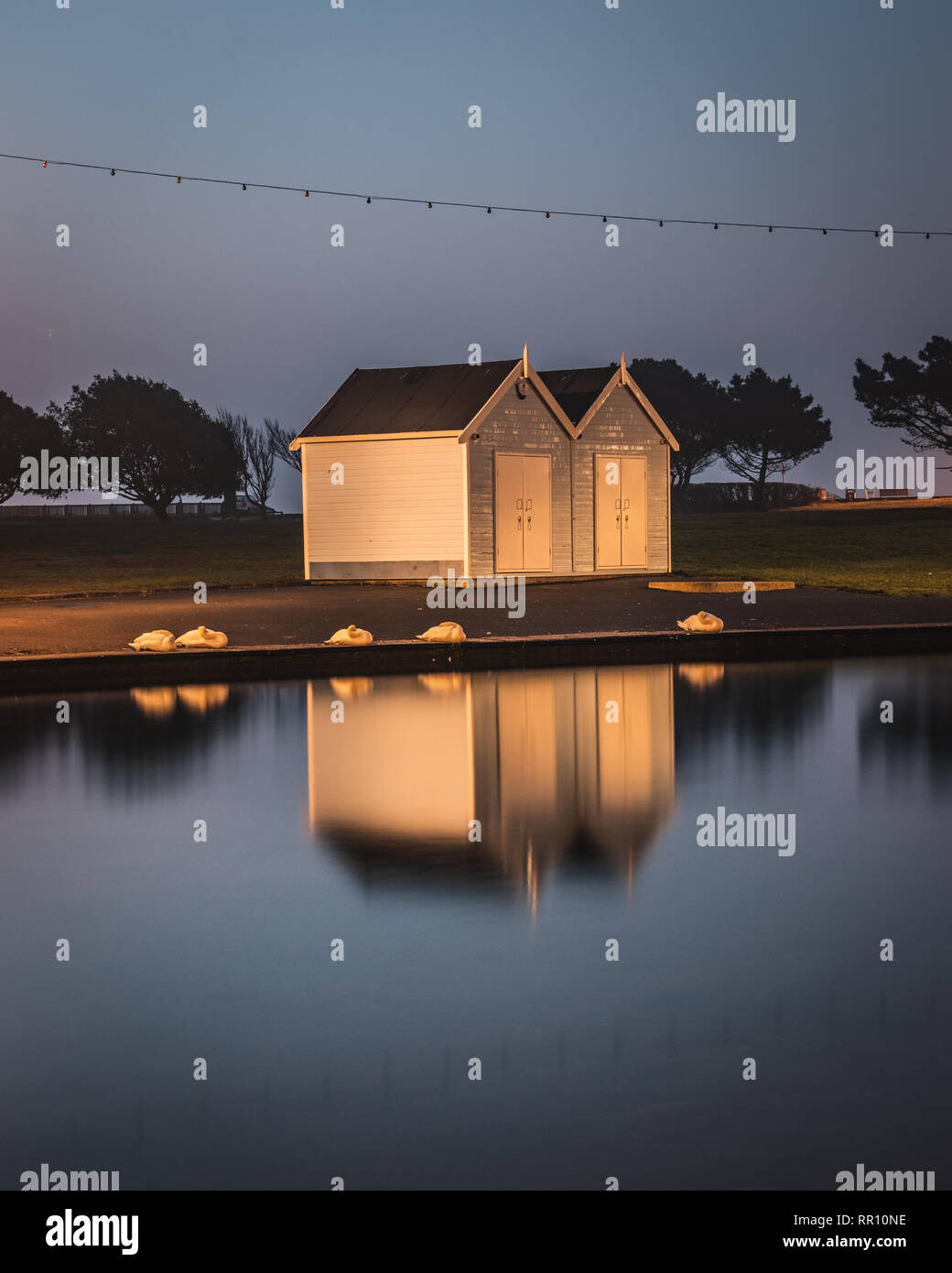 Cabine sulla spiaggia, e dormire cigni riflessioni su un lago appena prima dell'alba Foto Stock