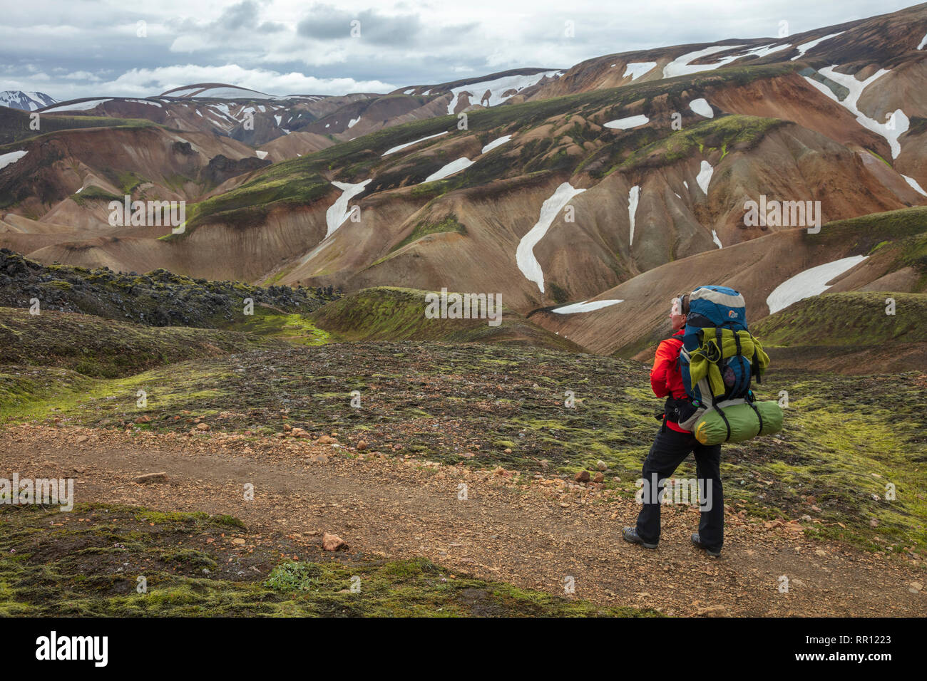 Escursionista sul Laugavegur sentiero vicino a Landmannalaugar. Highlands Centrali, Sudhurland, Islanda. Foto Stock