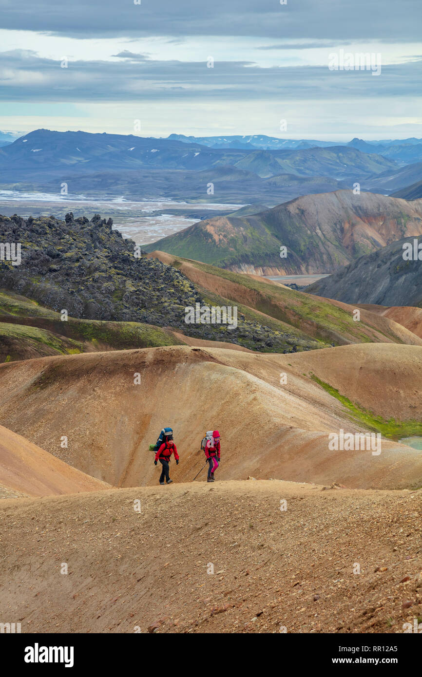 Gli escursionisti sul Laugavegur sentiero vicino a Landmannalaugar. Highlands Centrali, Sudhurland, Islanda. Foto Stock