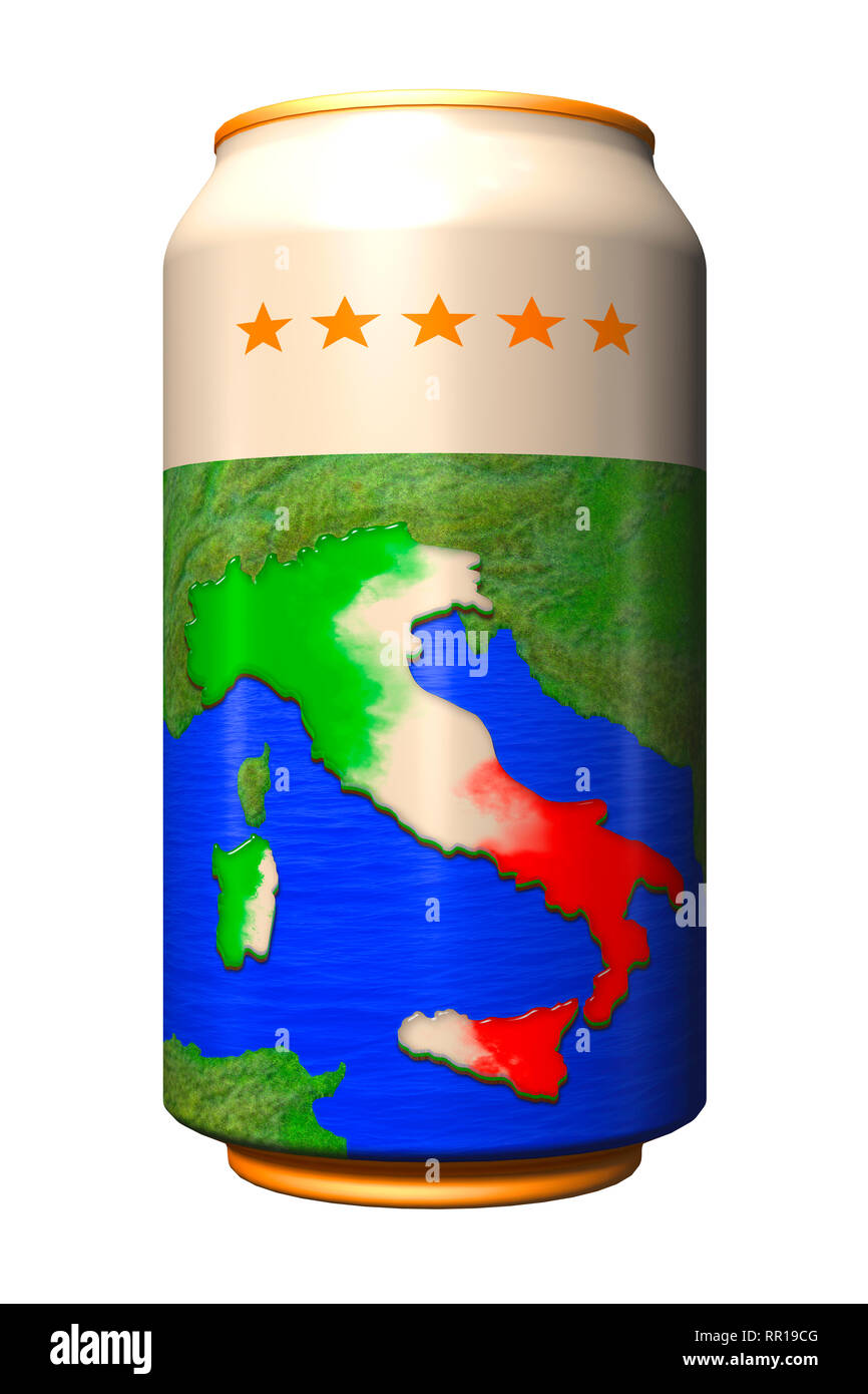 3D può con bandiera nazionale dell'Italia sotto forma di sgravi mappa del paese isolato su bianco Foto Stock