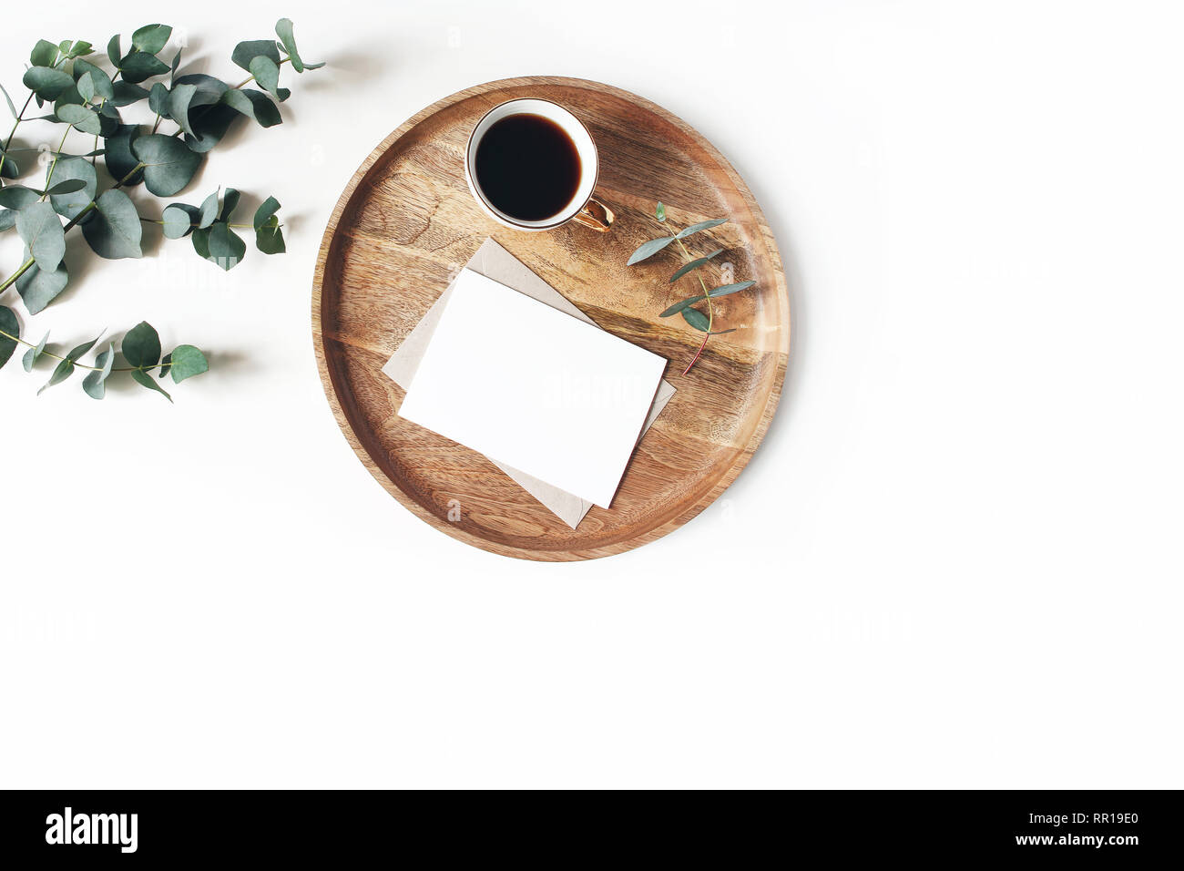 Intimo femminile composizione colazione. Scheda vuota mockup in scena con la busta e la tazza di caffè sul vassoio in legno Verde Eucalipto rami isolati su Foto Stock