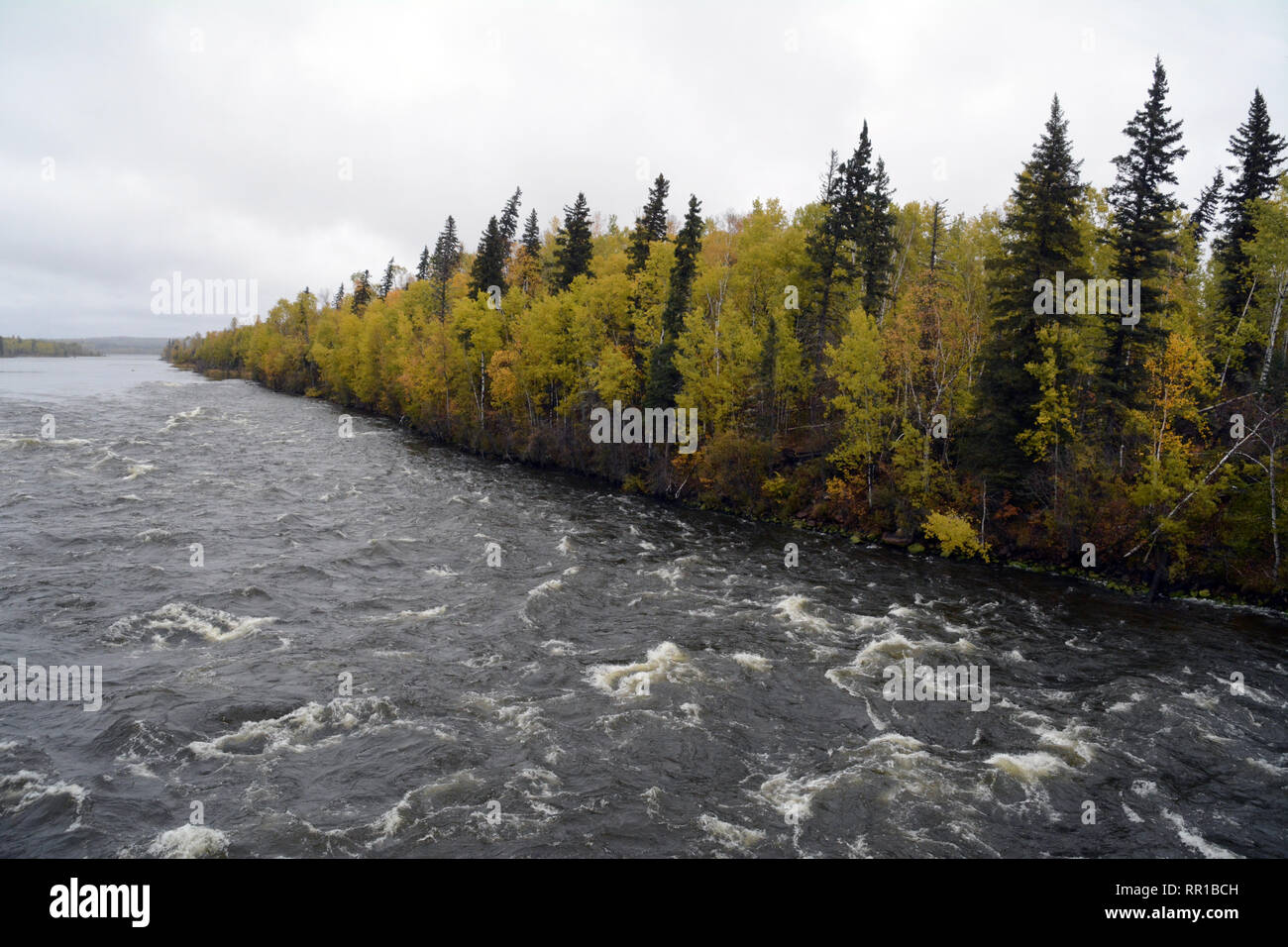 Otter Rapids sul fiume di Churchill e i colori dell'autunno della foresta boreale nei pressi del villaggio di Missinipe nel nord del Saskatchewan, Canada. Foto Stock