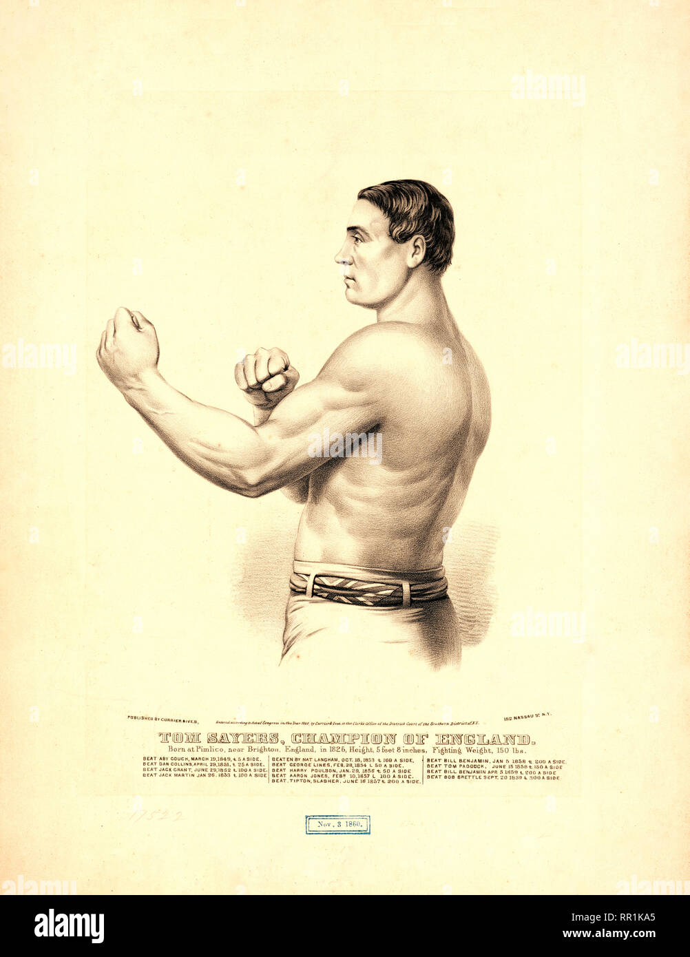 Tom Sayers, campione di Inghilterra nato a Pimlico, vicino a Brighton, Inghilterra, in 1826, altezza 5 piedi 8 pollici, peso di combattimento, 150 lbs. Foto Stock