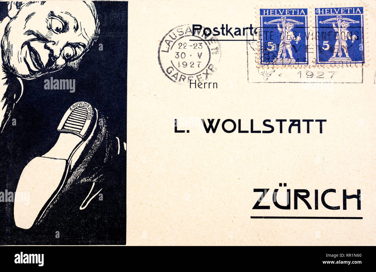 Pubblicità Svizzera cartolina per 'continentale' pattino di gomma tacchi datata 1927. Foto Stock
