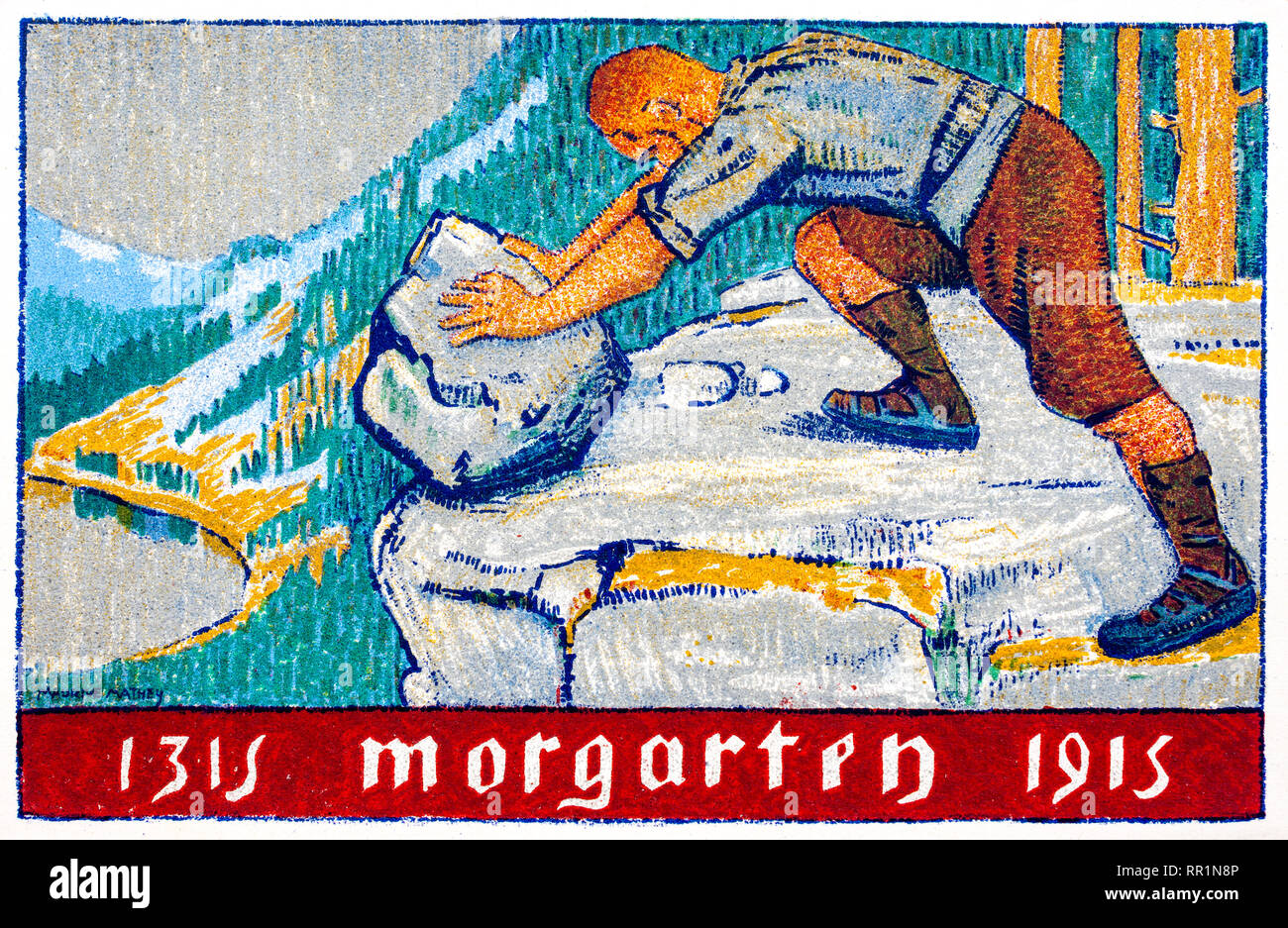 1915 Postcard svizzera per il seicentesimo anniversario di Morgarten... spingendo boulder off cliff edge. Foto Stock