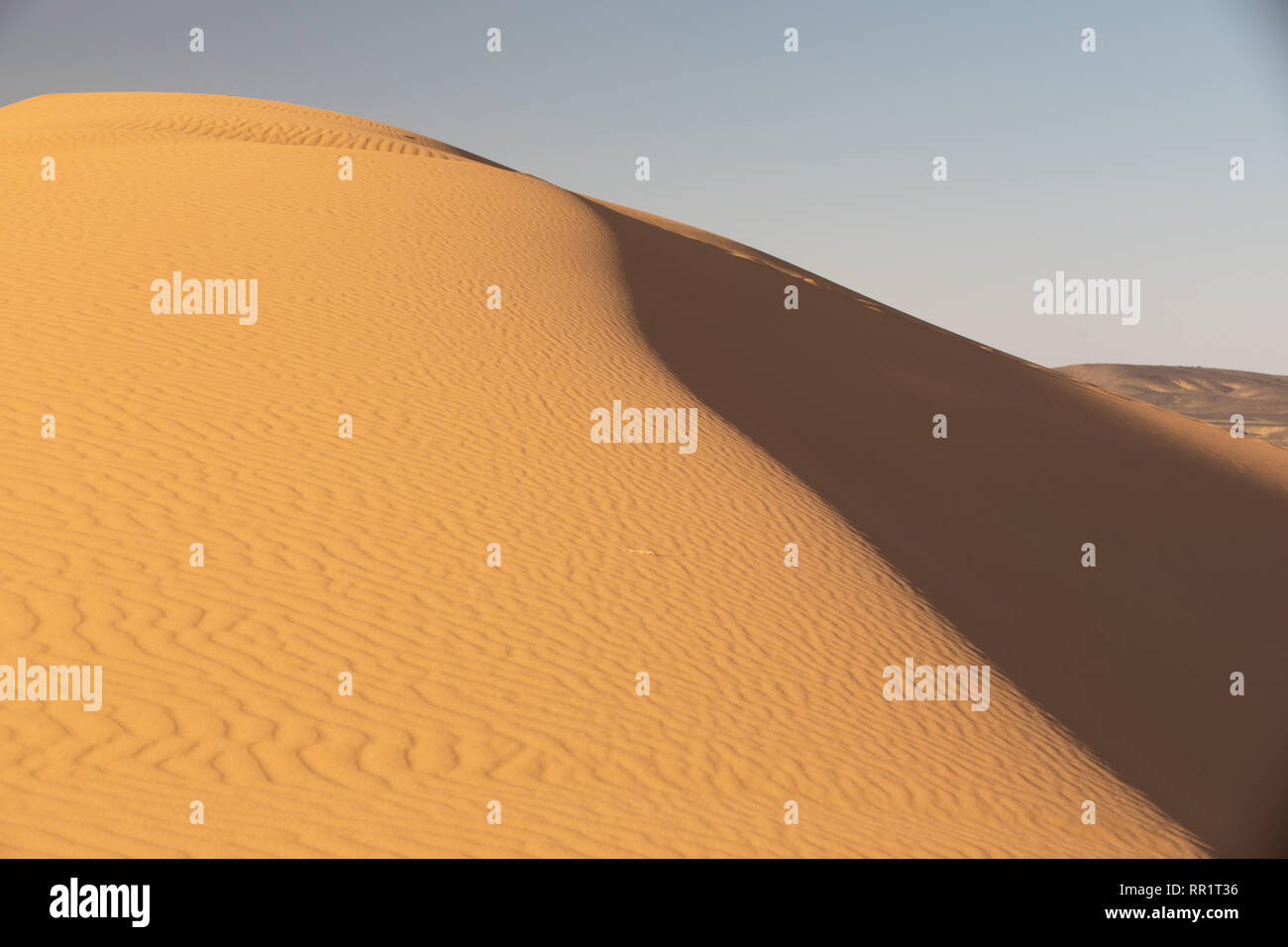 Increspata dune di sabbia al tramonto a Mergouza, il deserto del Sahara, Marocco Foto Stock