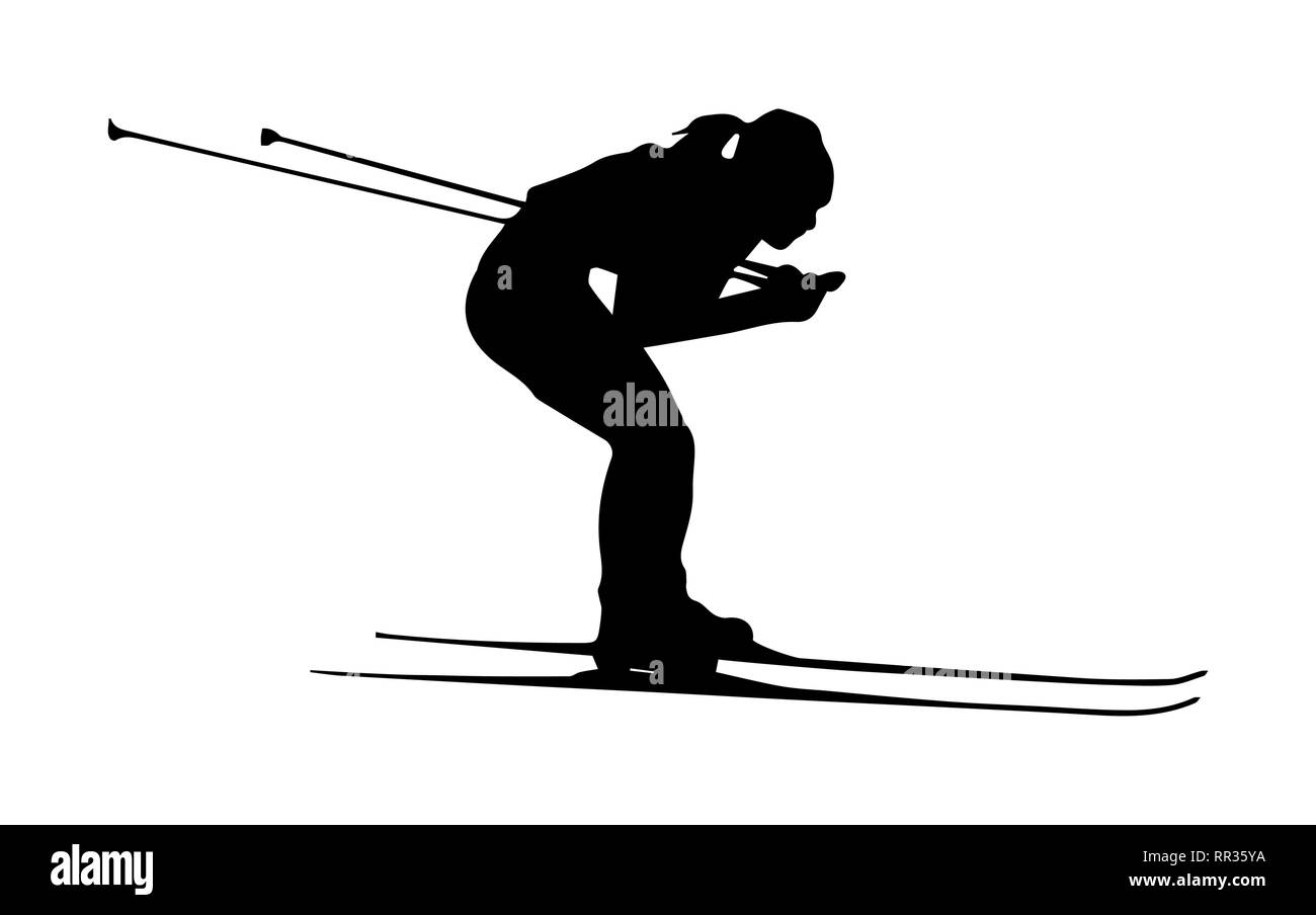 Sport, semplice contorno silhouette di una ragazza con gli sci ai piedi Illustrazione Vettoriale