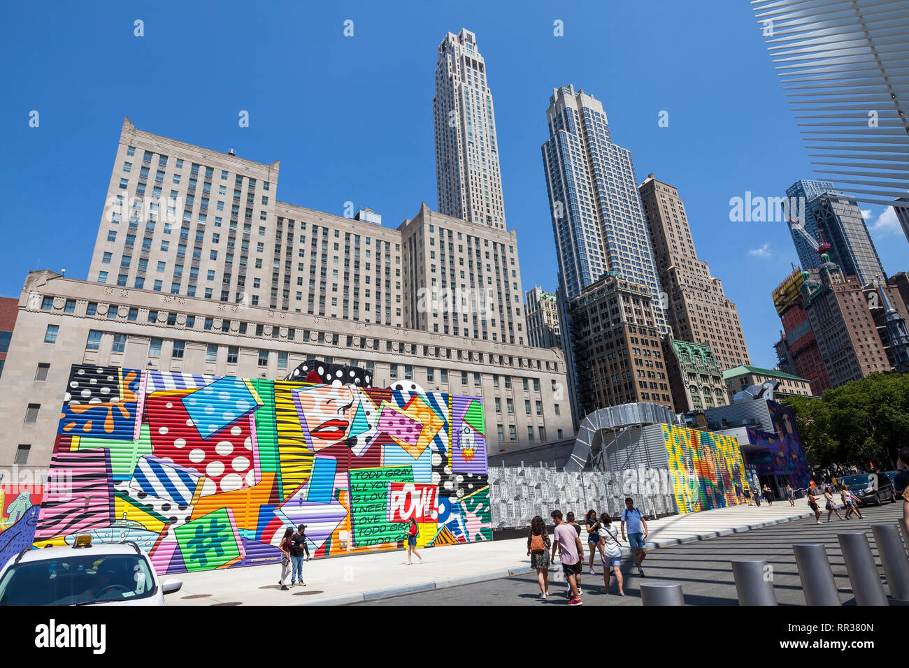 Due World Trade Center murale, Lower Manhattan, New York New York, Stati Uniti d'America Foto Stock