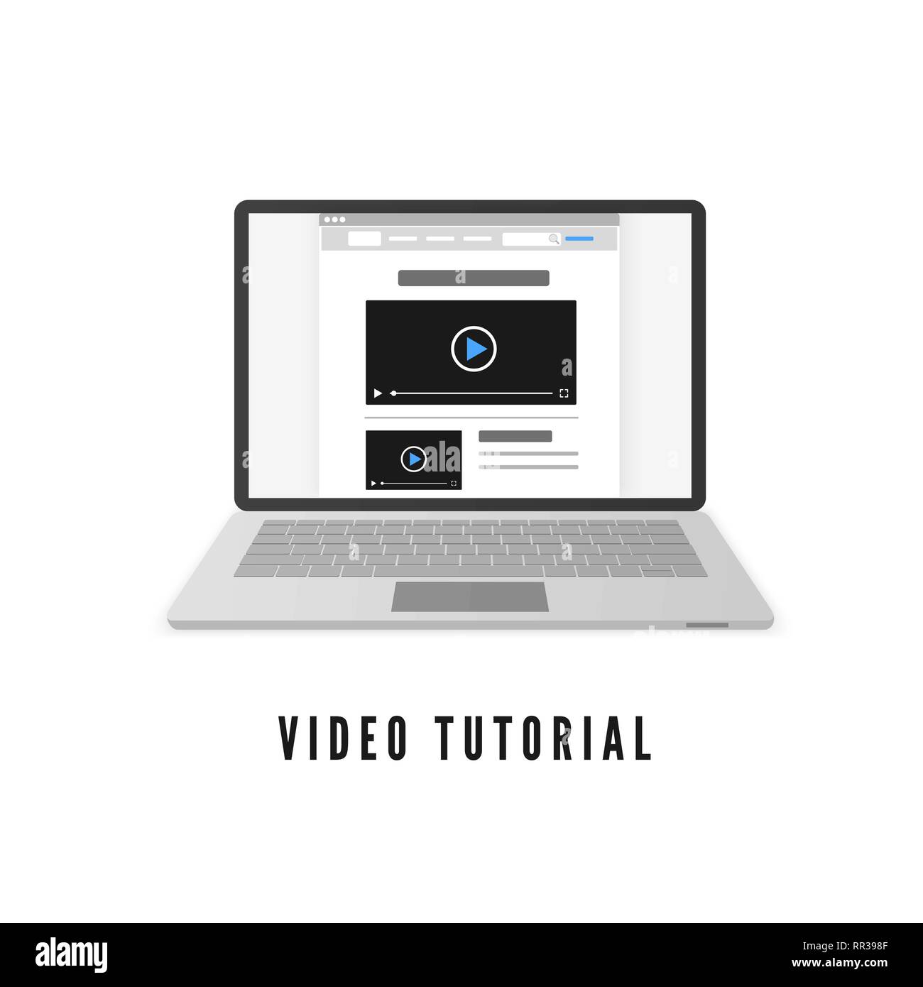 Video tutorial. Computer portatile con sito web sul monitor. Illustrazione di vettore isolato su sfondo bianco Illustrazione Vettoriale