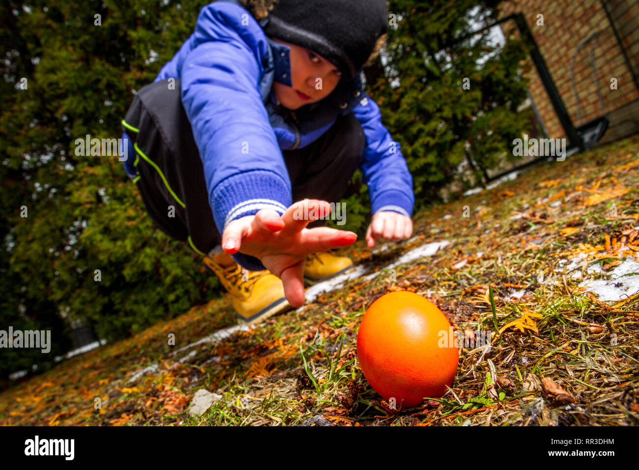 Ragazzo giovane trovare e raccogliere e uovo di pasqua da terra Foto stock  - Alamy
