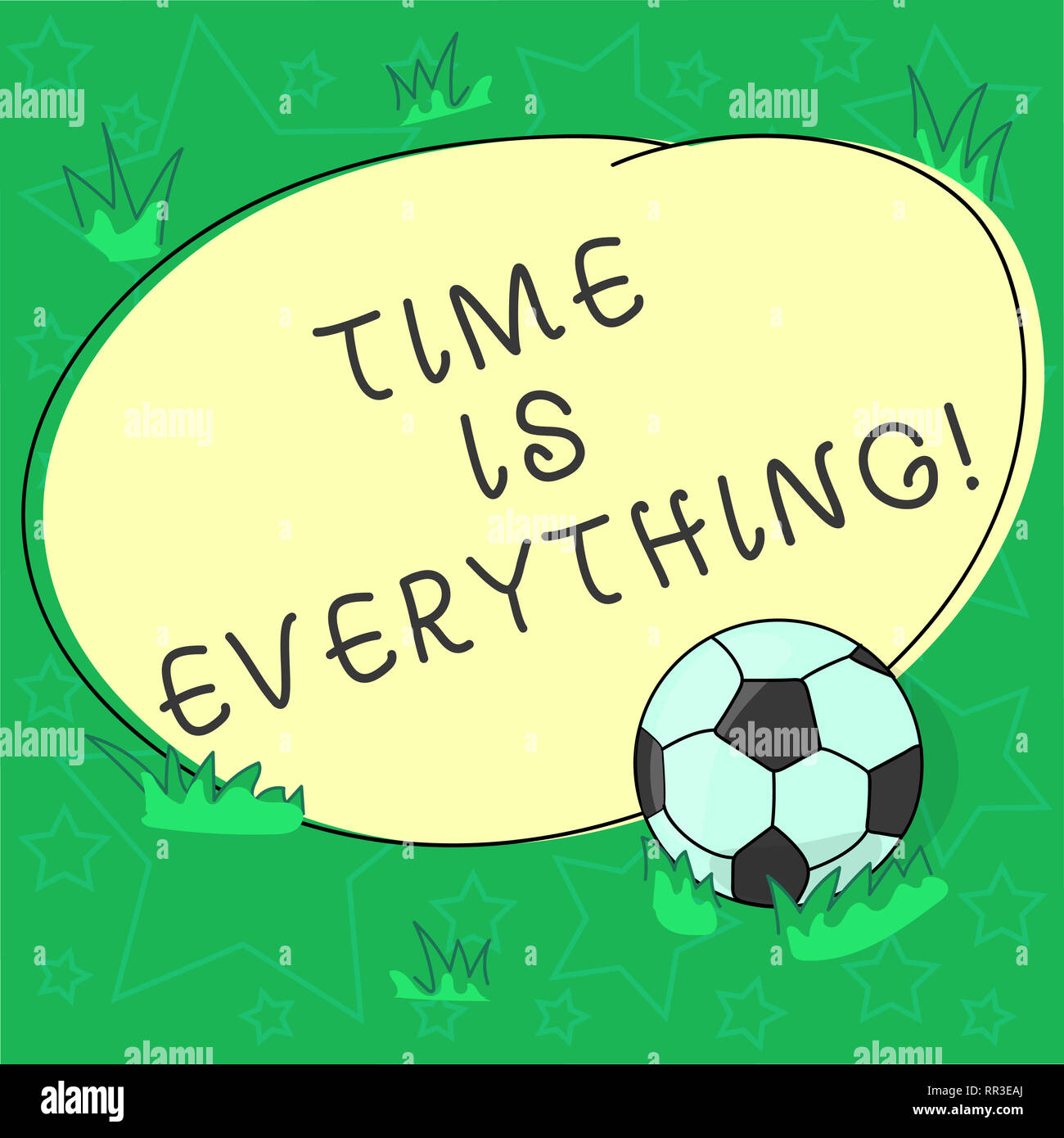 Testo della scrittura il tempo è tutto. Concetto significato considerazione altri eventi possono influenzare il risultato desiderato Pallone da calcio in erba e Outli vuoto Foto Stock