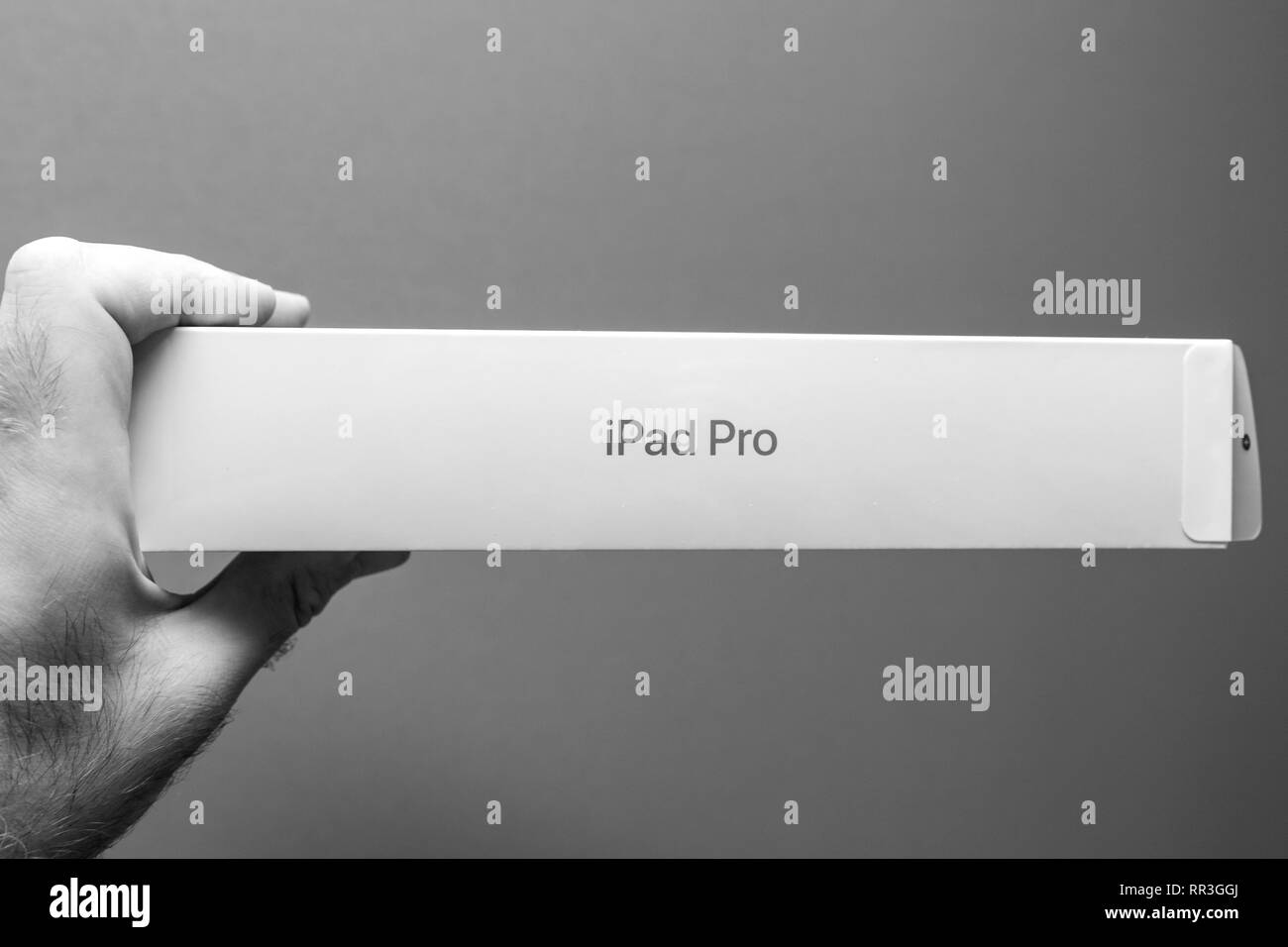 Parigi, Francia - 14 NOV 2018: Uomo con POV le ultime iPad Pro dal computer Apple tablet confezione contro uno sfondo grigio - ammirando la vista laterale della scatola con logotipo nome del marchio Foto Stock