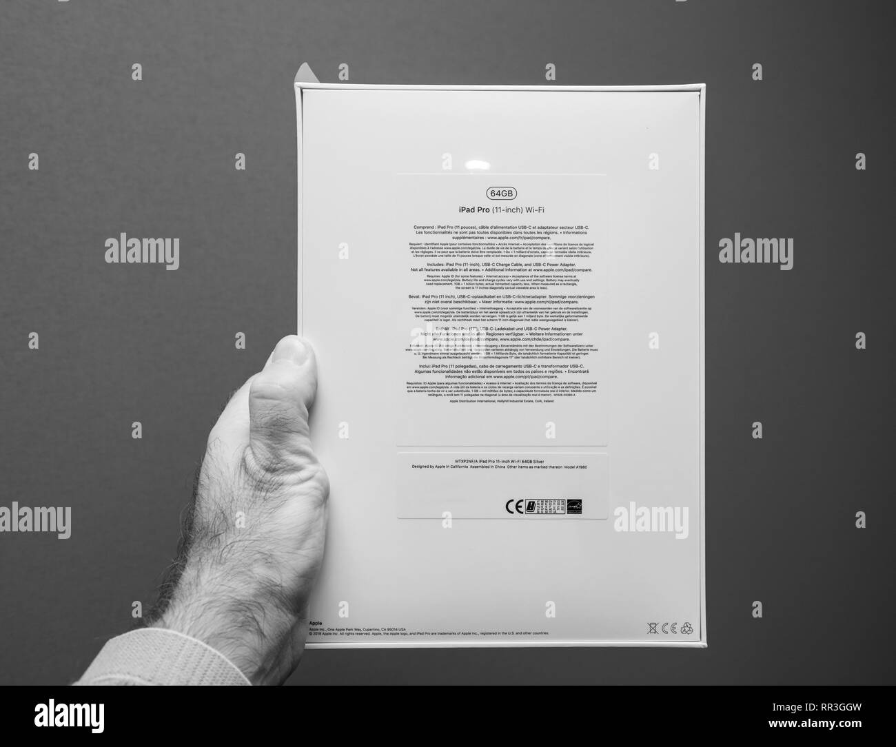 Parigi, Francia - 14 NOV 2018: Uomo con POV il confezionamento posteriore di iPad più recente Pro dal computer Apple tablet confezione contro uno sfondo grigio Foto Stock