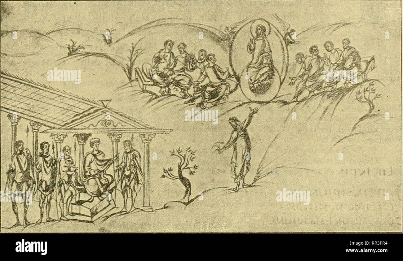 . Acta Societatis Scientiarum Fennicae. La scienza. Die PsaUrrillitsfirifion Mittelallcr int. 203 ps. LI: Fig. 155, CXII, CXVIII, CXXI, CXLV u. CXLIX) '), und sicher karolingischl^ist der altarähnliche Sessel des "beatus vir" (Ps. I.' Fig. 138, oben S. 172), des Tyrannen Ps. LI (fig. 155), der Tellus Ps. LXXXIX (abb. weiter unten) und des Pilatus, Symb. Apostol. (Springer, TAF. X), denn diese forma kommt sehr oft in den Miniaturen der ganzen vor epoche. Auch der Klappstuhl zeigt bezeichnende Abweichungen von dem- frühchrist lichen Typus (vgl. Fig. 142, oben S. 184), denn die Beine sind nach f Foto Stock