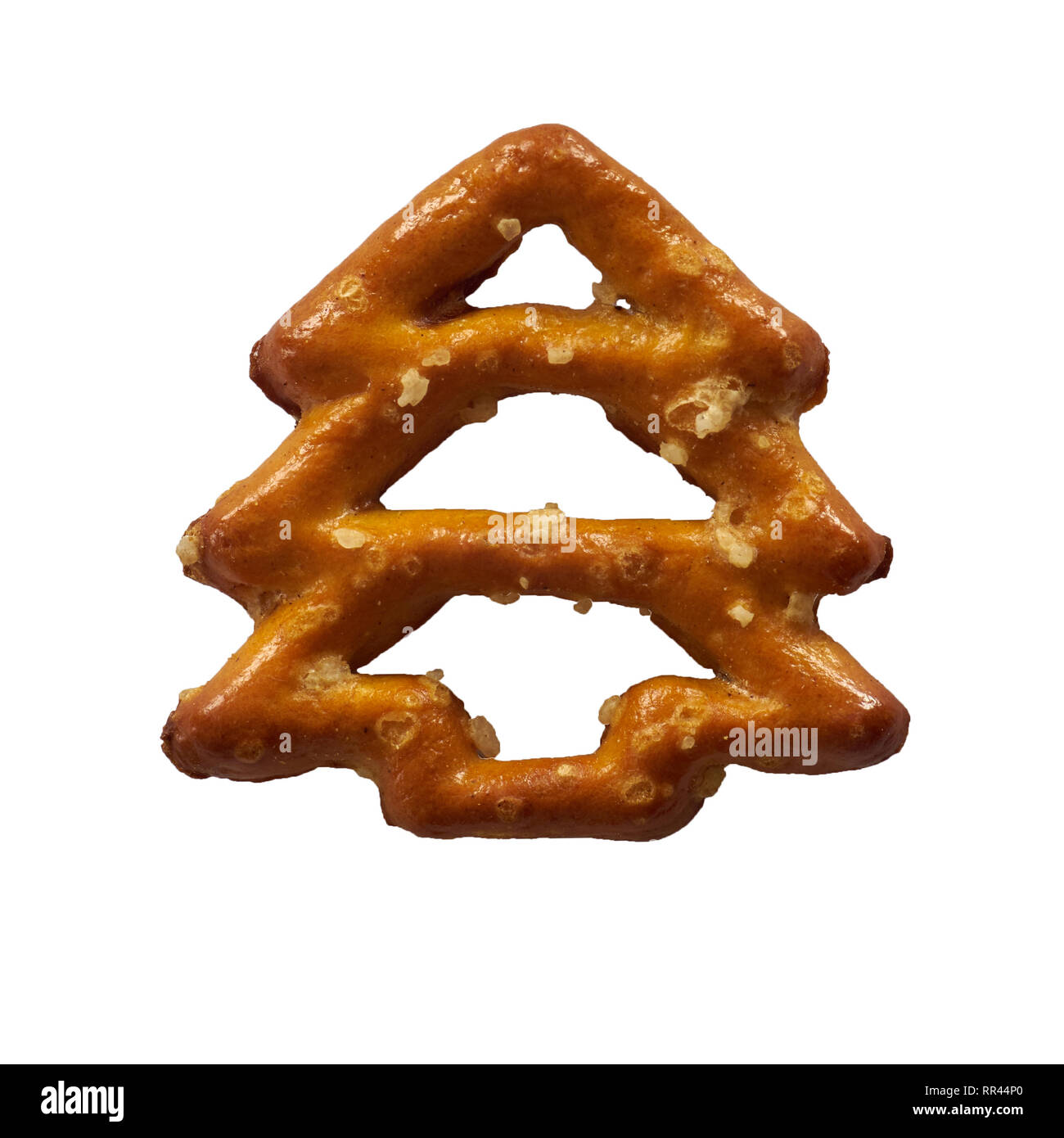 Pretzel raffigurante un albero di Natale isolato su uno sfondo bianco Foto Stock