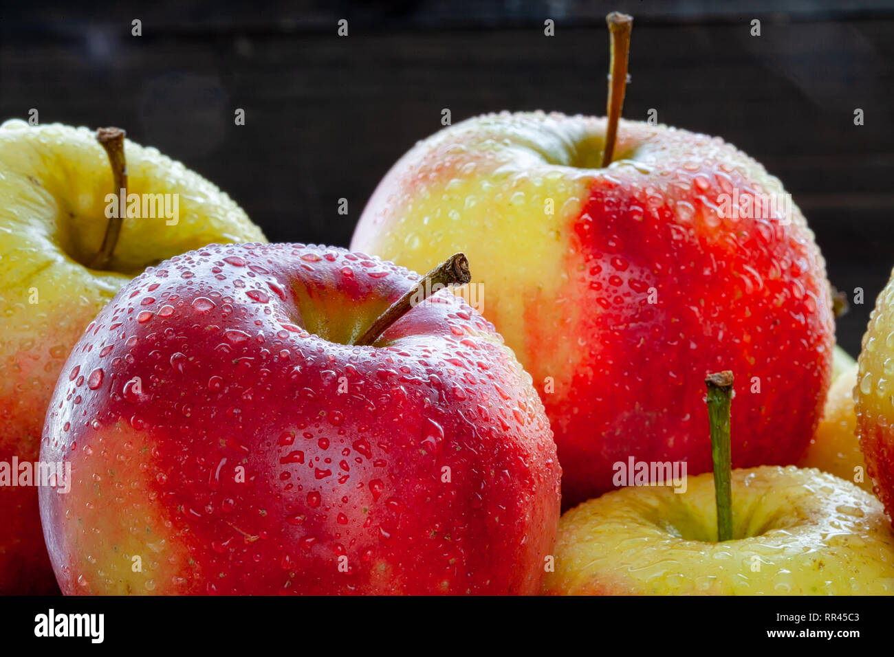 Primo piano di mele arge, mature, rosse e gialle decorate con scintillanti goccioline d'acqua sono disposte in modo ordinato l'una accanto all'altra su uno sfondo scuro e ombroso. Foto Stock