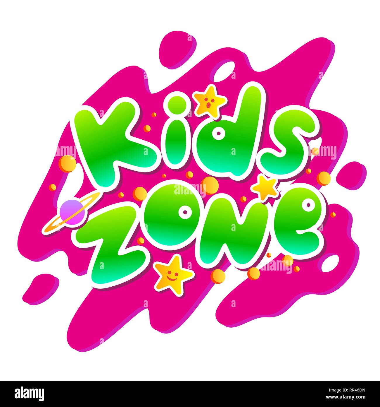Kids Zone vettore logo cartoon. Cupola colorata lettere per bambini Sala giochi di decorazione. Iscrizione isolato su sfondo Illustrazione Vettoriale
