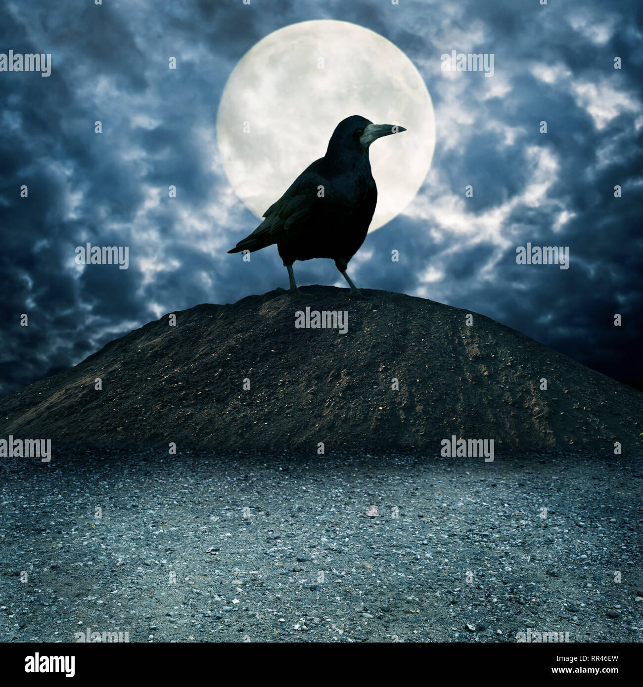 Raven gigantesco uccello sulla cima di una collina di notte con la luna piena dietro Foto Stock