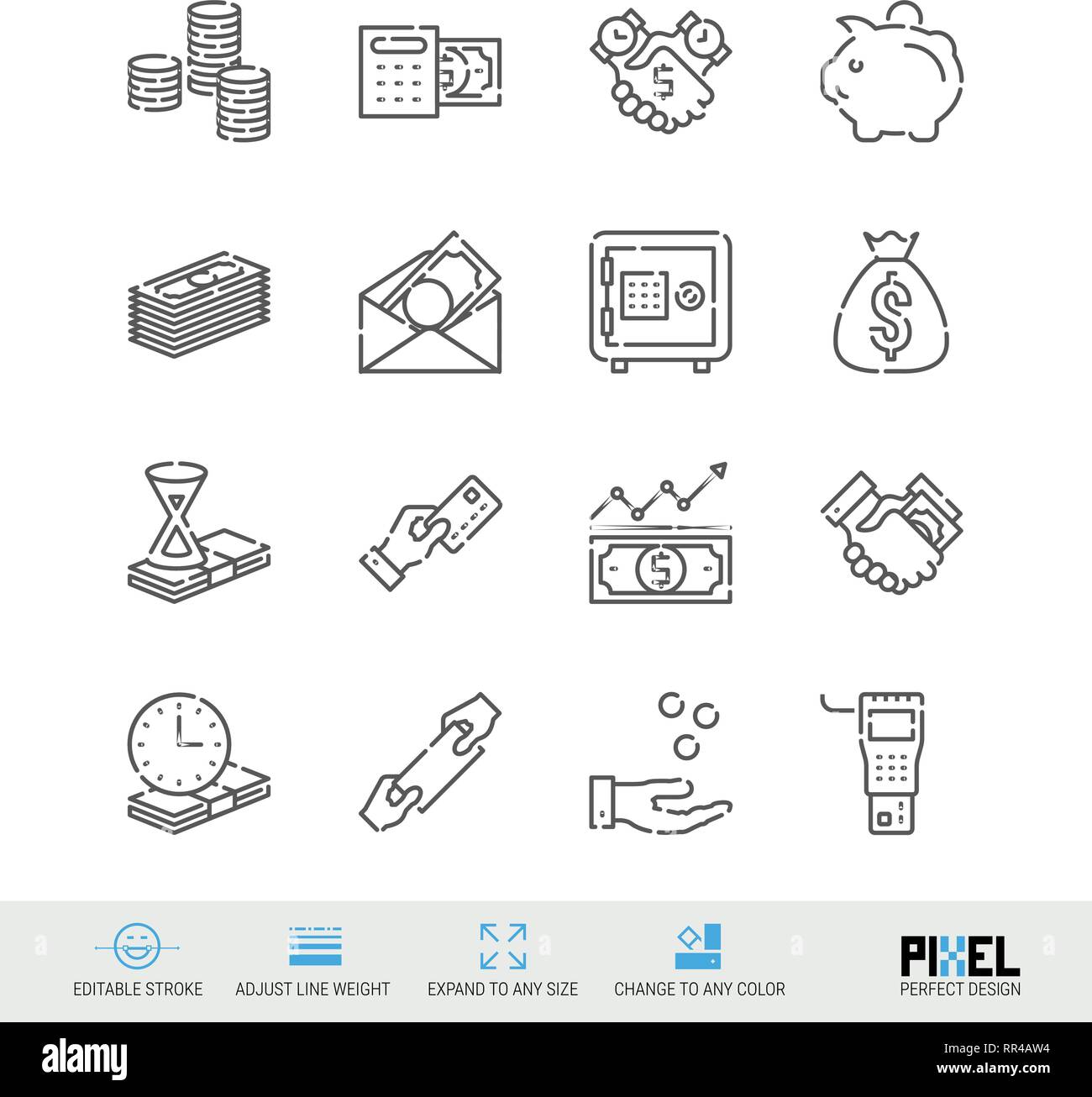 Linea del vettore Icona Set. Denaro relative icone lineare. Simboli delle finanze, pittogrammi, segni Illustrazione Vettoriale