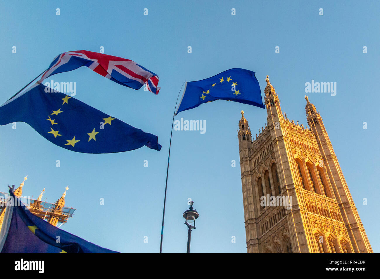 Londra, UK.28 gennaio 2019; Pro e anti Brexit dimostranti fuori le case del Parlamento Foto Stock