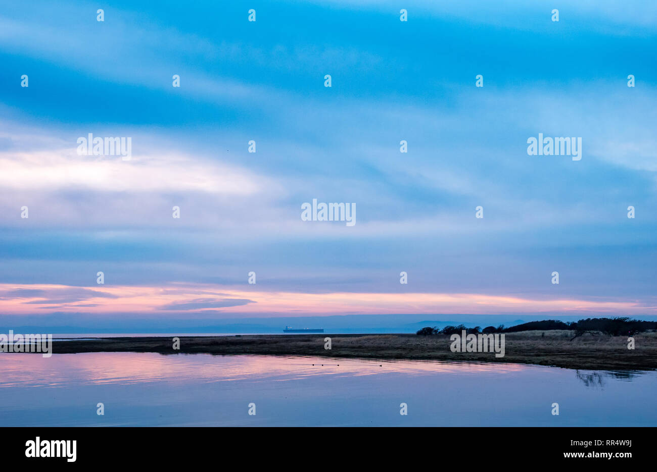 A Aberlady Riserva Naturale, East Lothian, Scozia, Regno Unito. Il 24 febbraio 2019. A Aberlady riserva naturale con la calma acqua del Firth of Forth che riflette i colori rosa nel cielo di oscuramento con una petroliera nave all'orizzonte Foto Stock