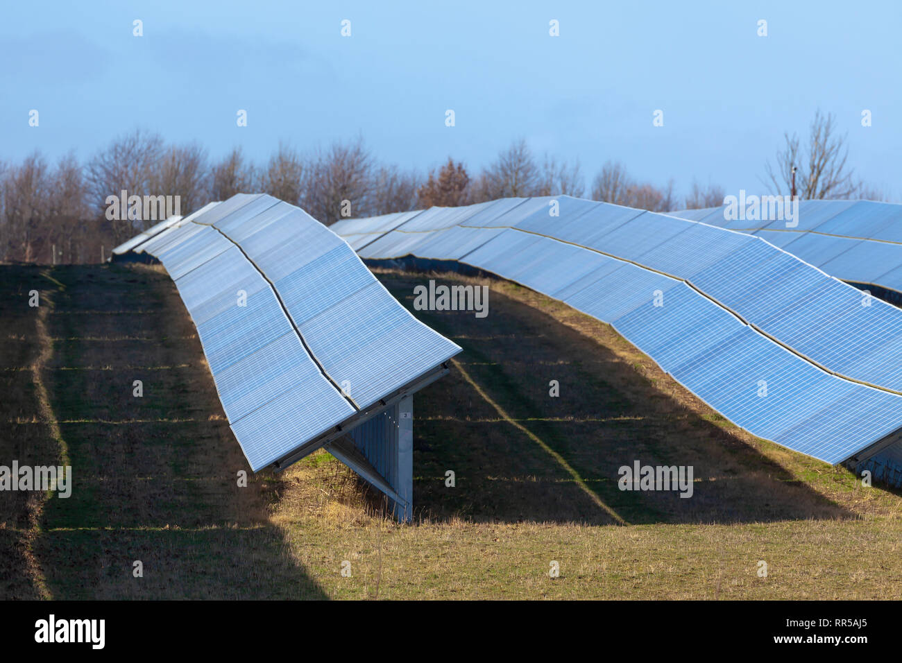 Pannelli solari azienda moduli fotovoltaici installati in una vasta area di verde commerciale di fornitura di energia per la rete nazionale, UK. Foto Stock