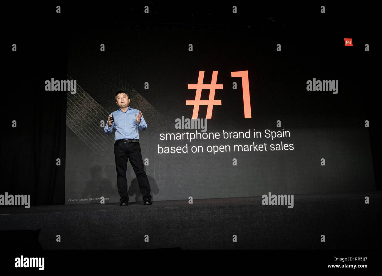 Xiang Wang, vice presidente senior di Xiaomi è visto parlare durante la sua presentazione. La società cinese Xiaomi dedicata alla produzione, sviluppo, design e vendite di telefoni smart ha presentato i nuovi prodotti per il 2019 al Mobile World Congress 2019. Foto Stock