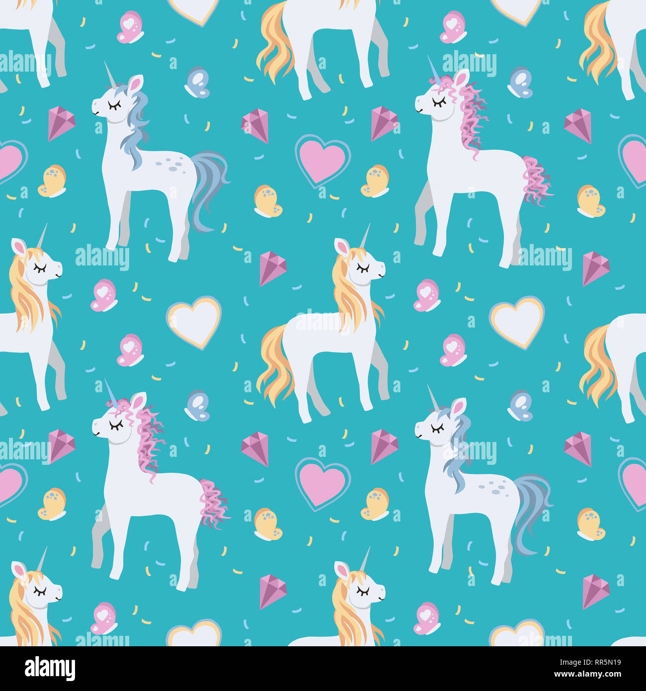 Bianco senza giunture cartoon unicorn con la bionda e rosa mane, cuori e farfalle sul luminoso sfondo teal Foto Stock