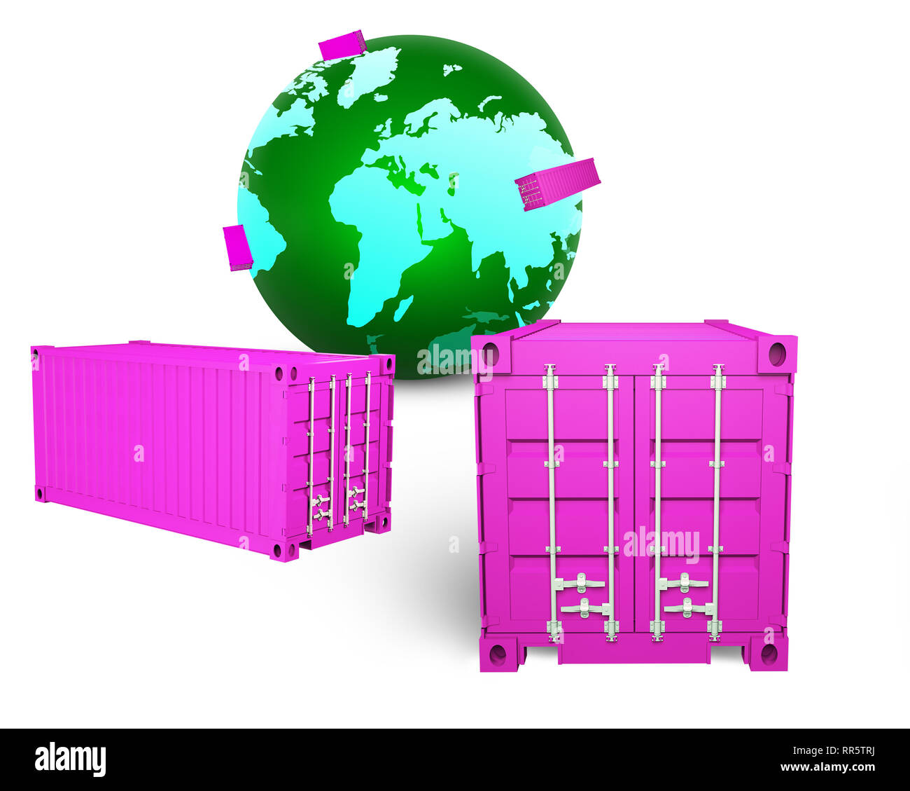 Contenitori di carico e Green Globe isolato su bianco, 3D'illustrazione. La logistica di spedizione e di trasporto globali il concetto di business. Foto Stock