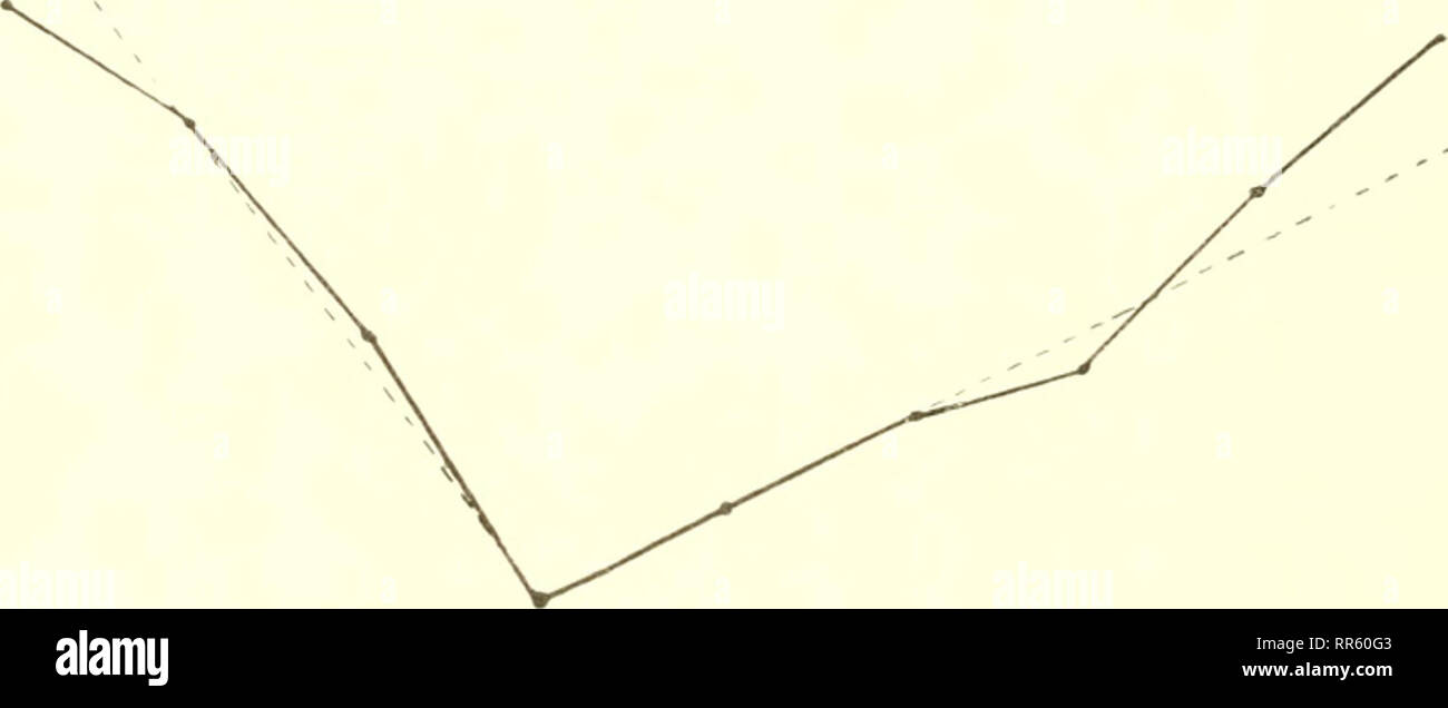 . Abhandlungen und Berichte. Storia naturale; storia naturale. 12 68 40 angenommen werden, d. h. die grösste Fressliist zeigt sich bei den extremsten Barometerständen, während bei einem mittleren Barometerstand die Zahl der Fleischstücke am niedrigsten ist. Im eingetragen Koordinatensystem ergibt sich ungefähr ein Winkel von nicht ganz 90 Grad, dessen Scheitelpunkt bei einem mittleren Baiometerstand zwischen und 747,5 702,0 mm liegt. tu 60 56 .5- iM 44 4U. 7 4IJ UN'&gt; 7 50 755 Baiomct er kurve. (60 76II.5 Ausser Tempei-atur und spielen Barometerstand zweifellos noch andere Faktoren eine Boll Foto Stock