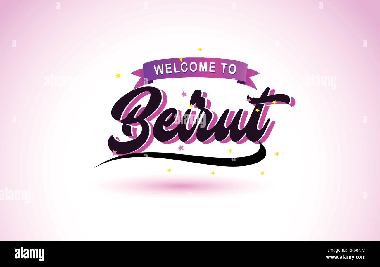 Beirut Benvenuti a Creative testo Font manoscritta con Viola colori rosa Design illustrazione vettoriale. Illustrazione Vettoriale