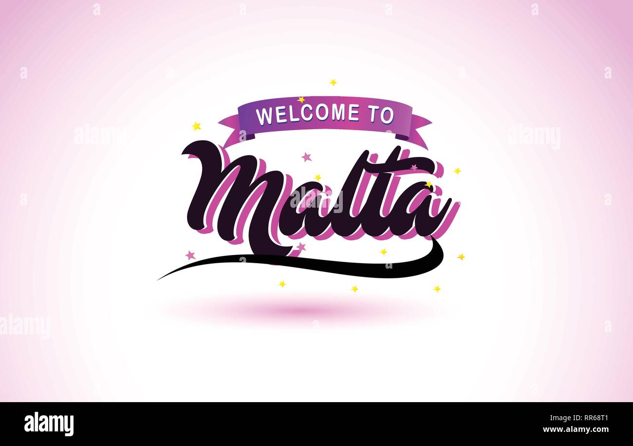 Malta Benvenuti a Creative testo Font manoscritta con Viola colori rosa Design illustrazione vettoriale. Illustrazione Vettoriale