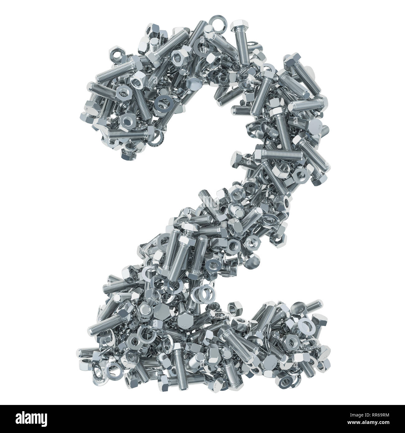 2 il numero di bulloni, i dadi e le rondelle . 3D rendering isolati su sfondo bianco Foto Stock
