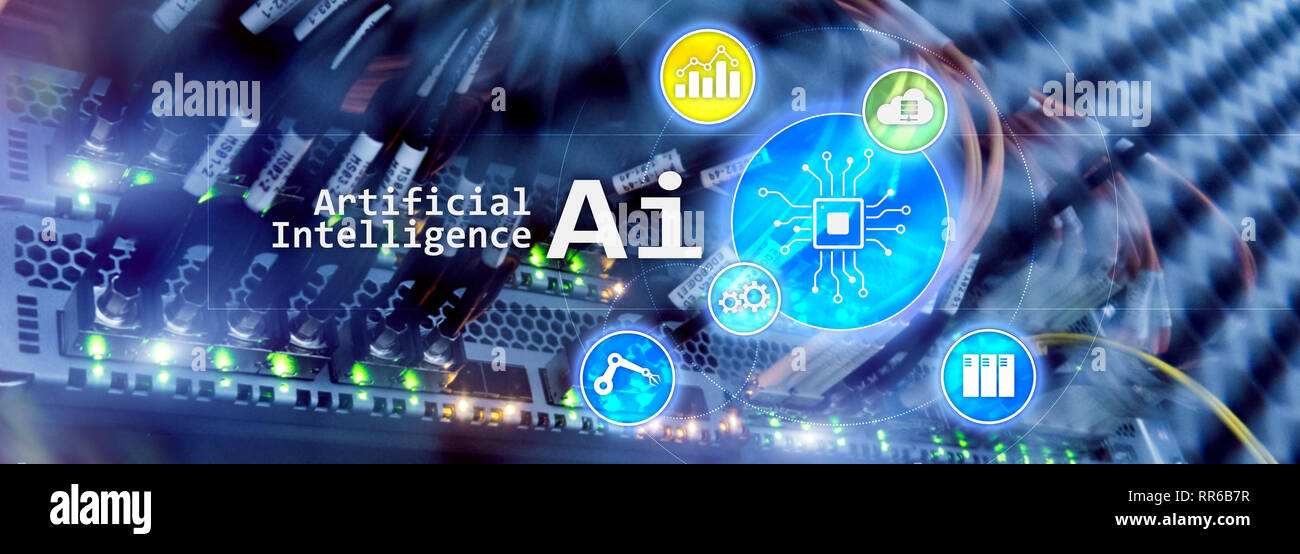 Intelligenza artificiale hi-tech tecnologie business concetto. Futuristica sala server sfondo. AI Foto Stock