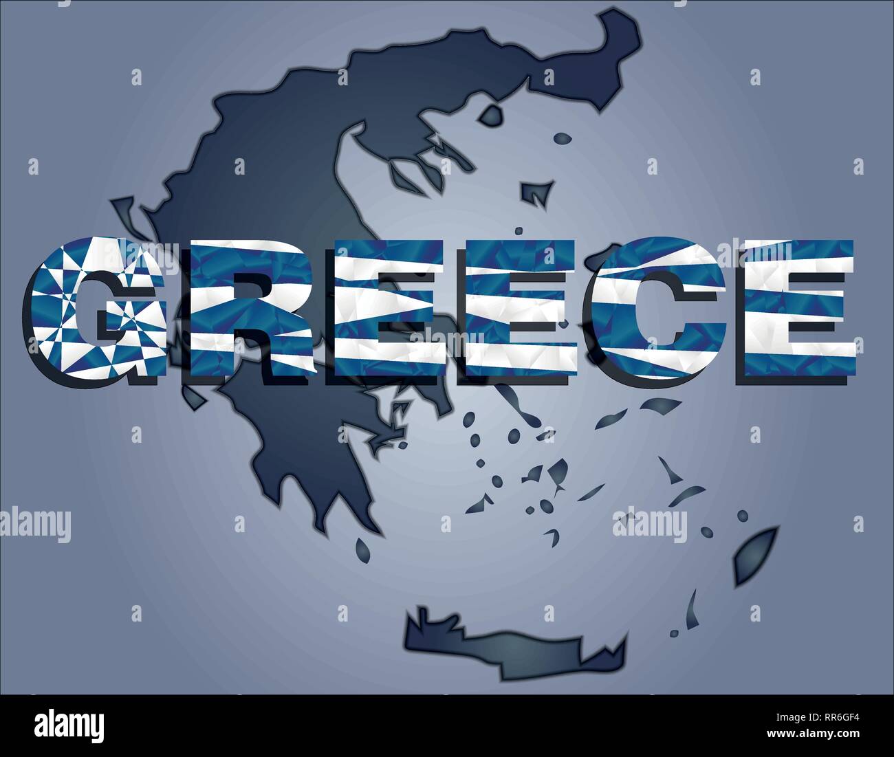 I contorni del territorio della Grecia in sfumature di grigio e parola in Grecia nei colori della bandiera oficial, bianco e blu Illustrazione Vettoriale