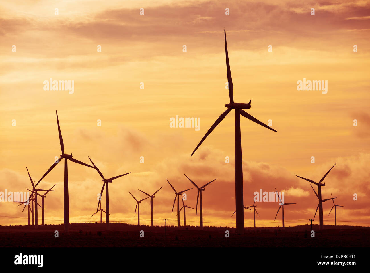 Vista di turbine eoliche al tramonto a Blacklaw Wind Farm in Scozia, Regno Unito Foto Stock