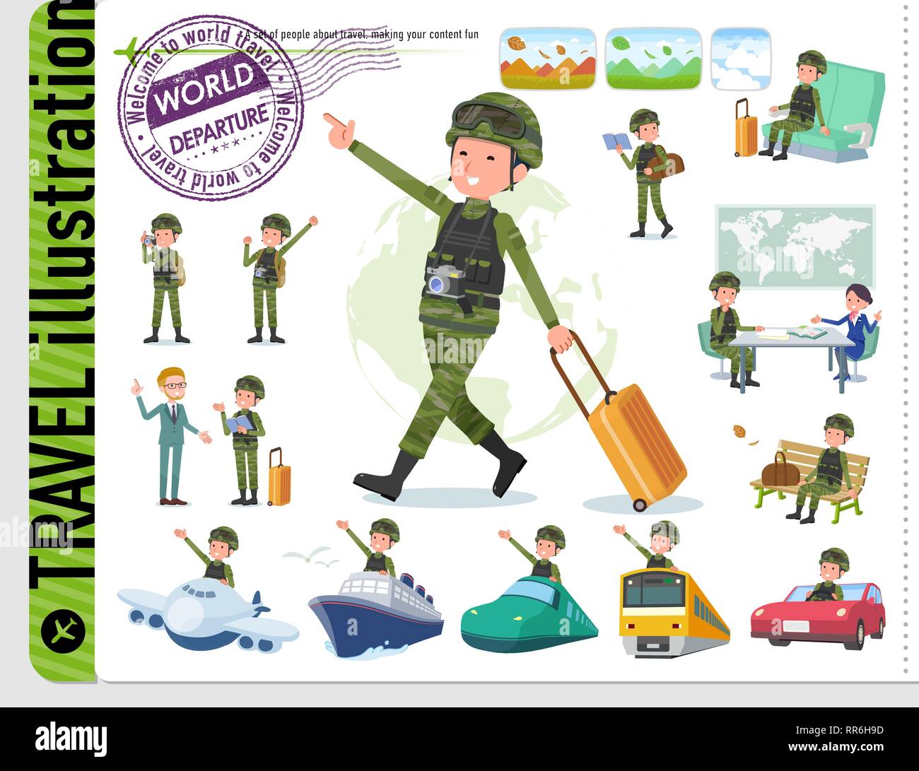 Un set di esercito di uomini sul viaggio.Ci sono anche i veicoli come le navi e aerei.it vettore dell'arte così è facile da modificare. Illustrazione Vettoriale